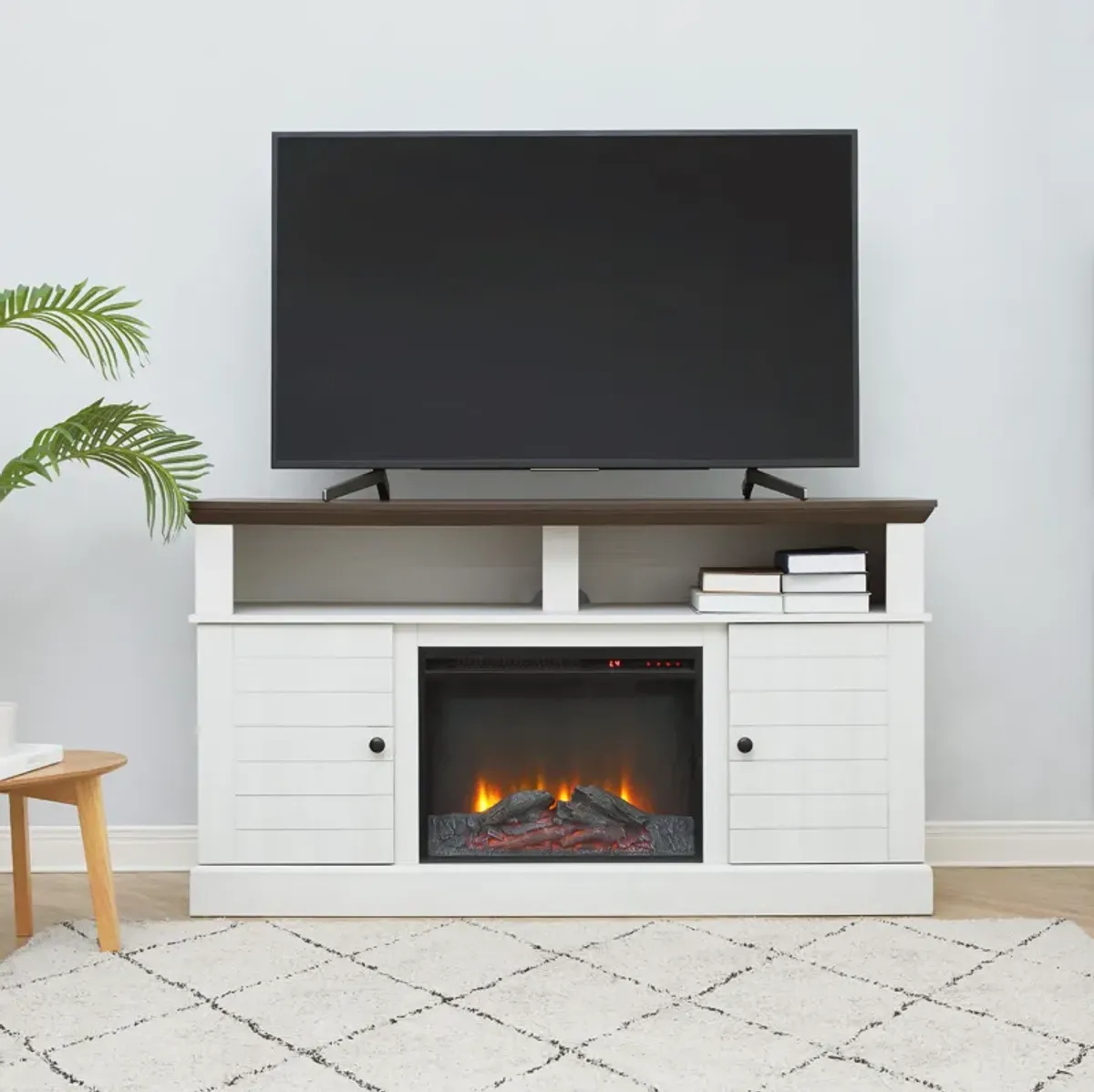 Teamson Home Eliana Modern 60" TV  Stand Console with Electric Fireplace, Dark Oak/White