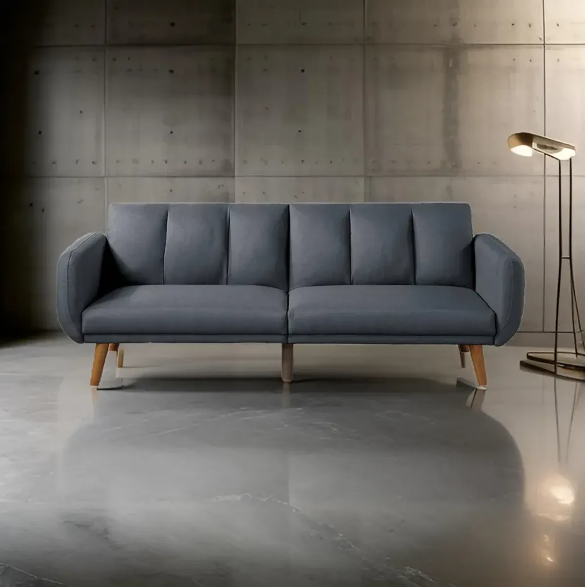 Adjustable Upholstered Sofa with Track Armrests and Angled Legs, Light Gray - Benzara