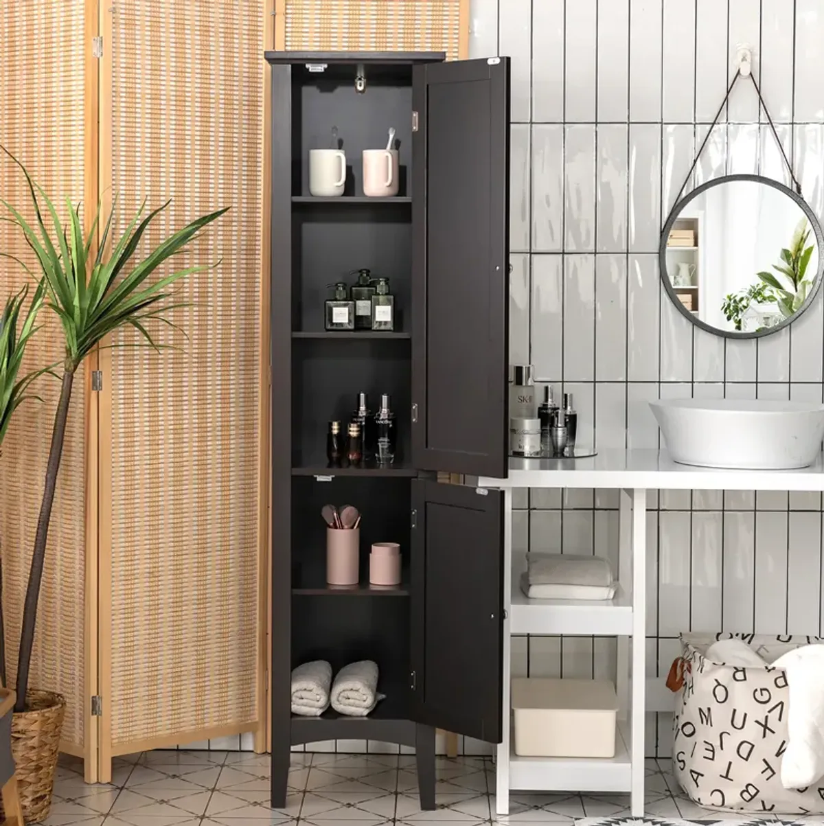 Costway Freestanding Bathroom Storage Cabinet Linen Tower Kitchen Living Room Brown