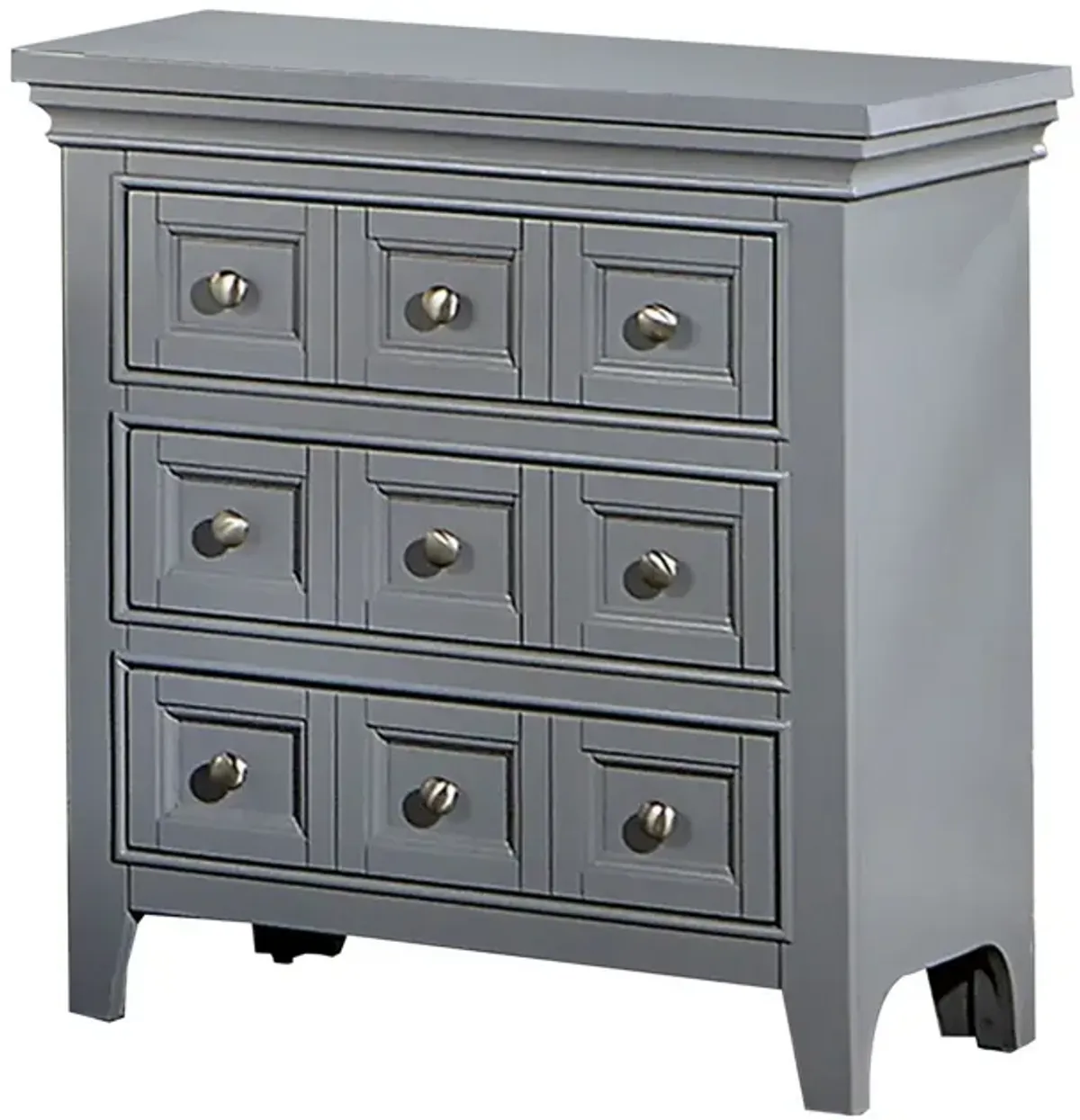 Cile 26 Inch Nightstand, 3 Panel Drawers, Gray Wood, Round Nickel Handles-Benzara