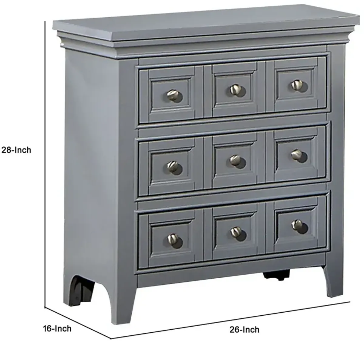 Cile 26 Inch Nightstand, 3 Panel Drawers, Gray Wood, Round Nickel Handles-Benzara