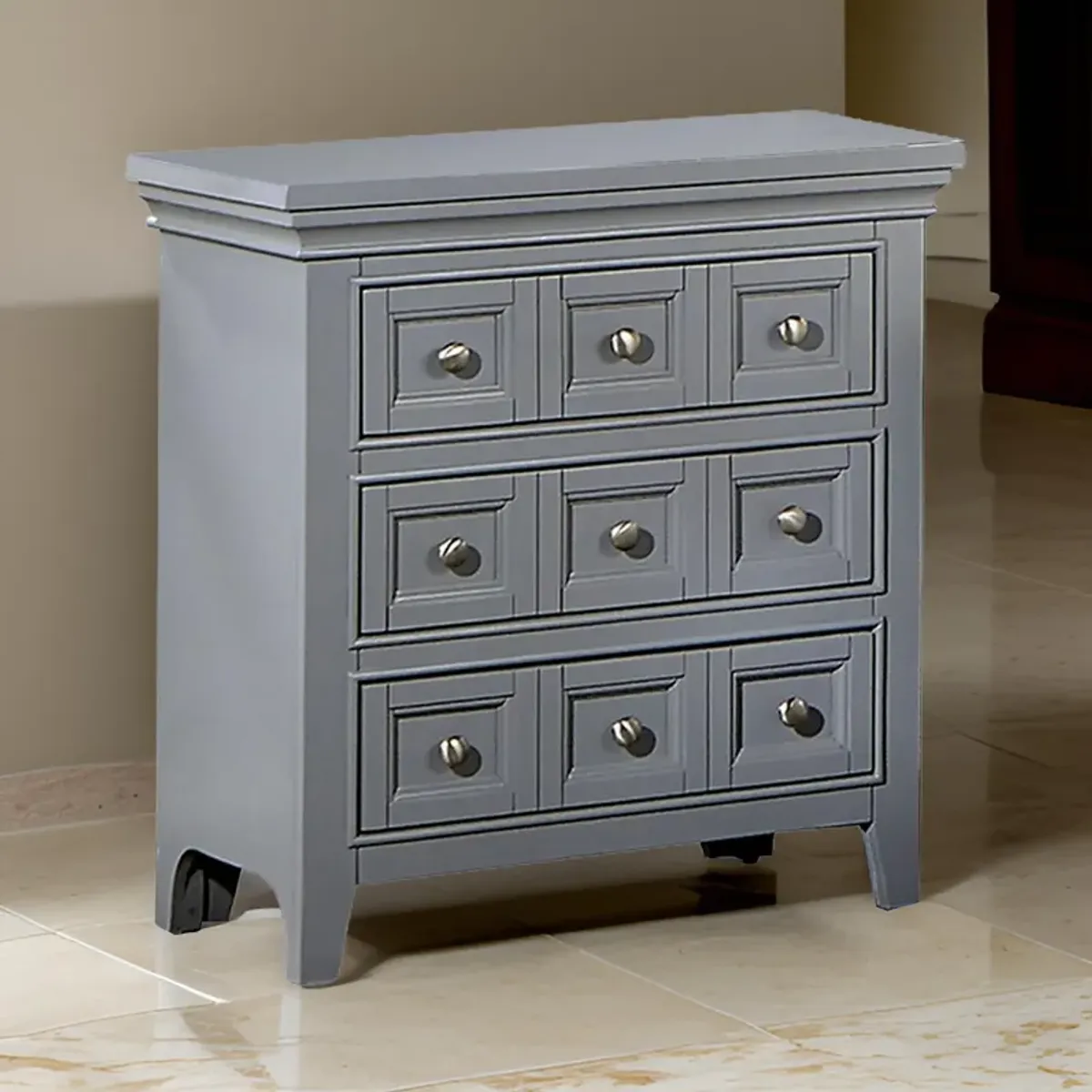 Cile 26 Inch Nightstand, 3 Panel Drawers, Gray Wood, Round Nickel Handles-Benzara