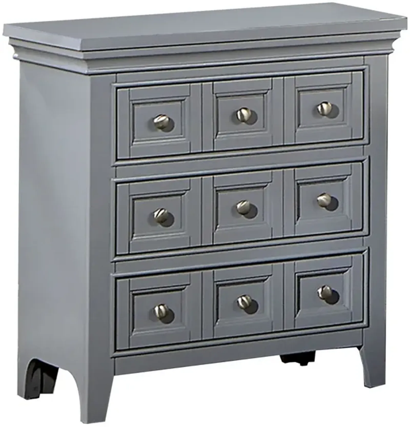 Cile 26 Inch Nightstand, 3 Panel Drawers, Gray Wood, Round Nickel Handles-Benzara