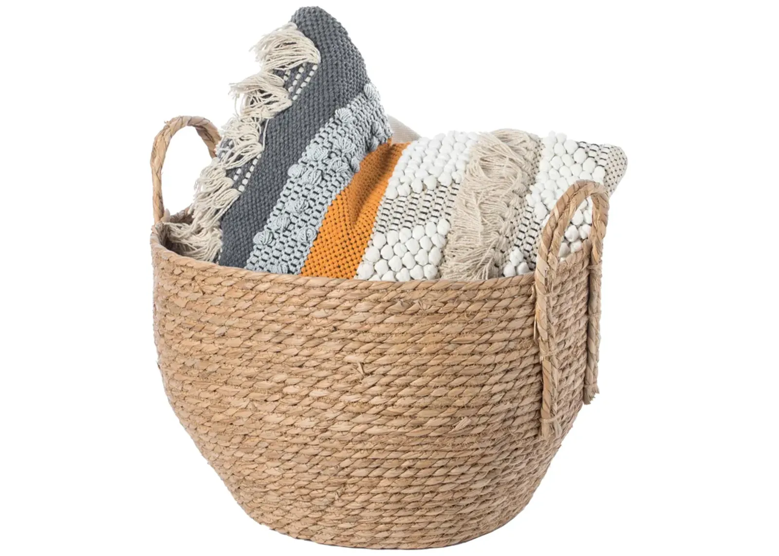 Decorative Round Wicker Woven Rope Storage Blanket Basket with Braided Handles - Large