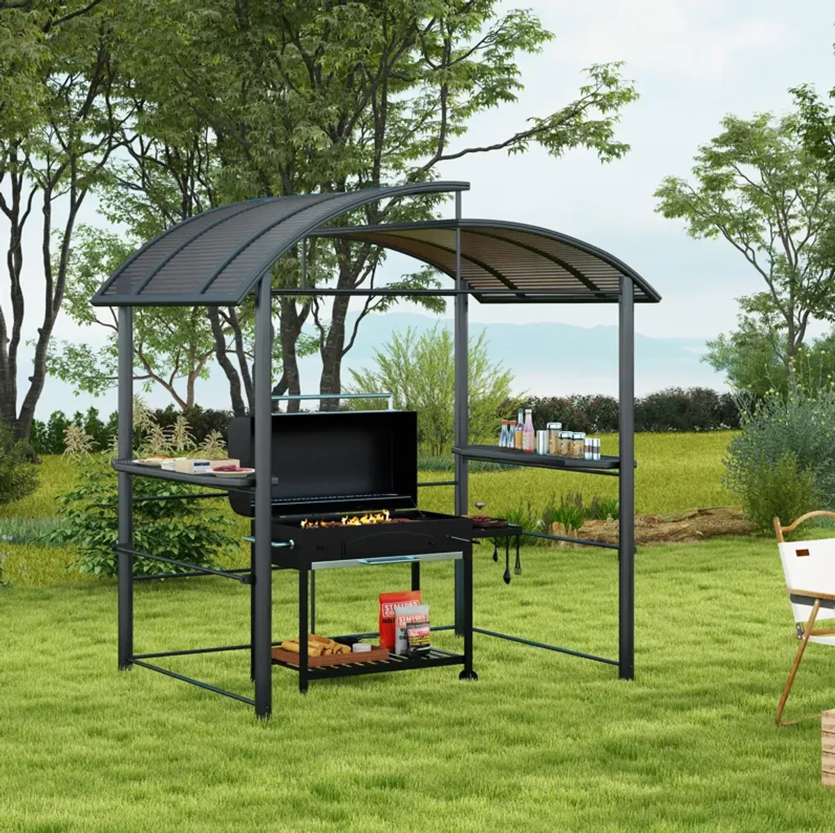 8' x 5' Outdoor Grill Gazebo BBQ Canopy with Vented PC Roof, Side Shleves