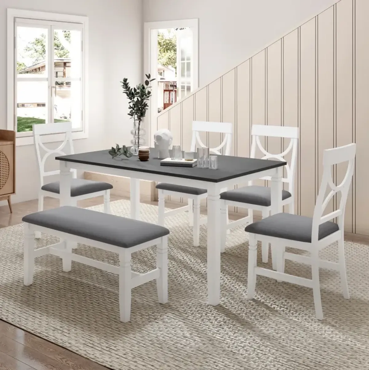 6-Piece Wood Dining Table Set Kitchen Table Set With Upholstered Bench And 4 Dining Chairs