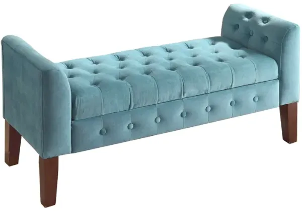 Velvet Upholstered Button Tufted Wooden Bench Settee With Hinged Storage, Teal Blue and Brown - Benzara