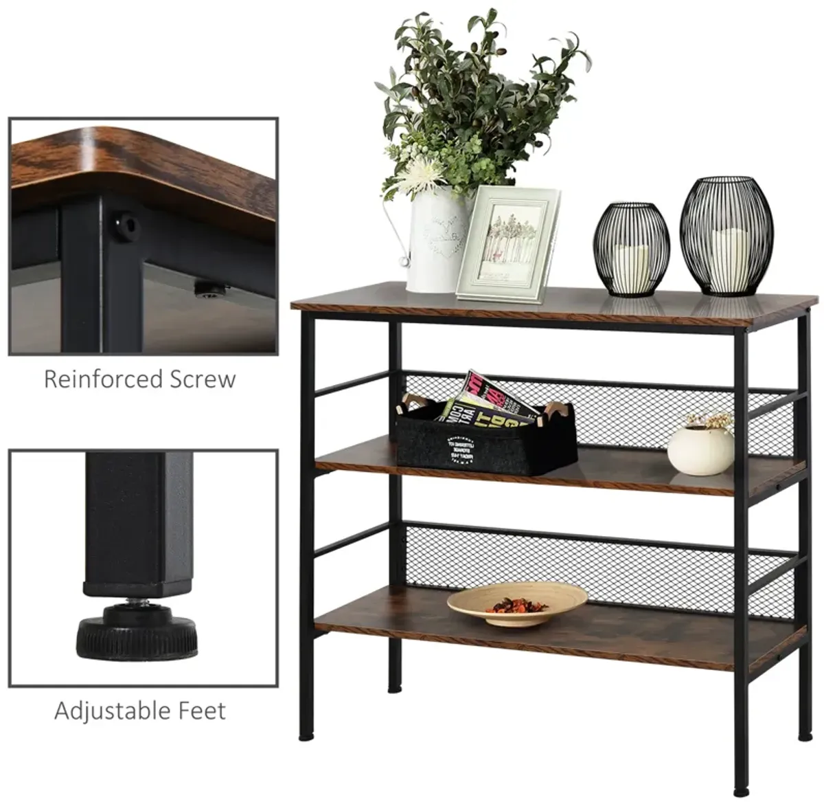 Black Industrial Chic: 3-Tier Metal & Wood Console Table