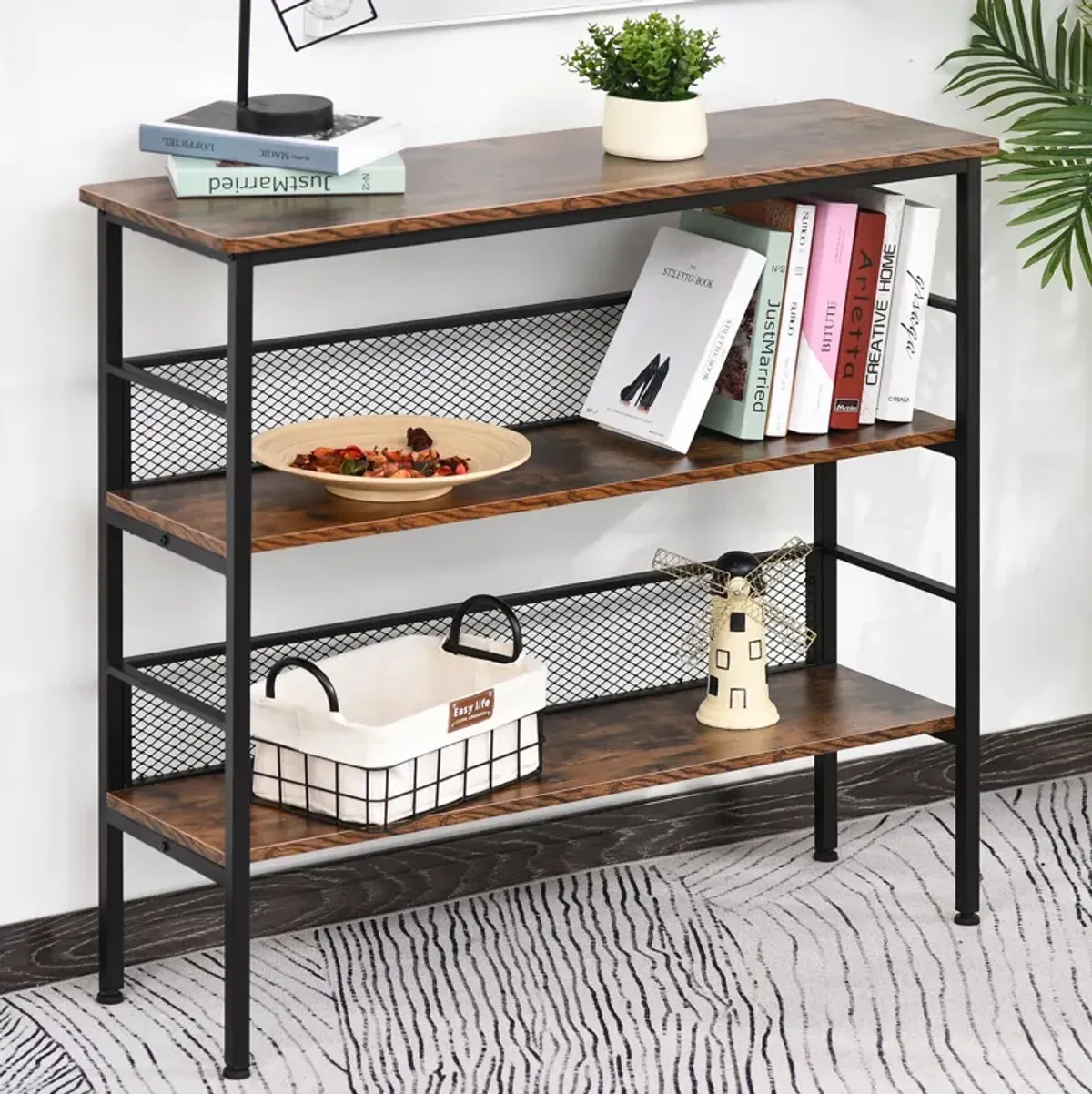 Black Industrial Chic: 3-Tier Metal & Wood Console Table