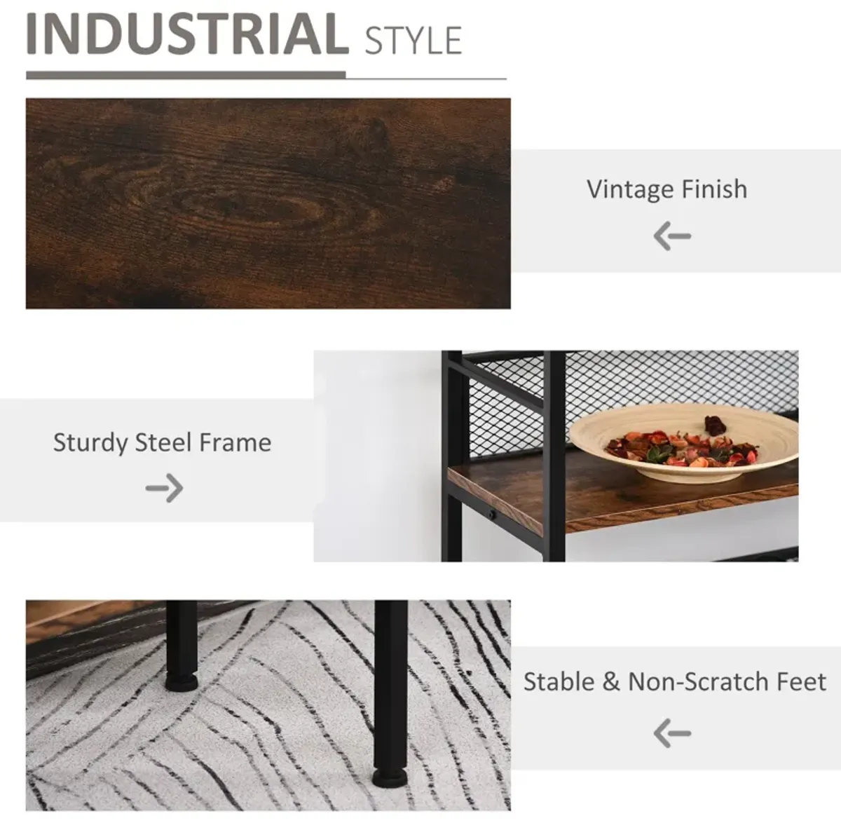 Black Industrial Chic: 3-Tier Metal & Wood Console Table