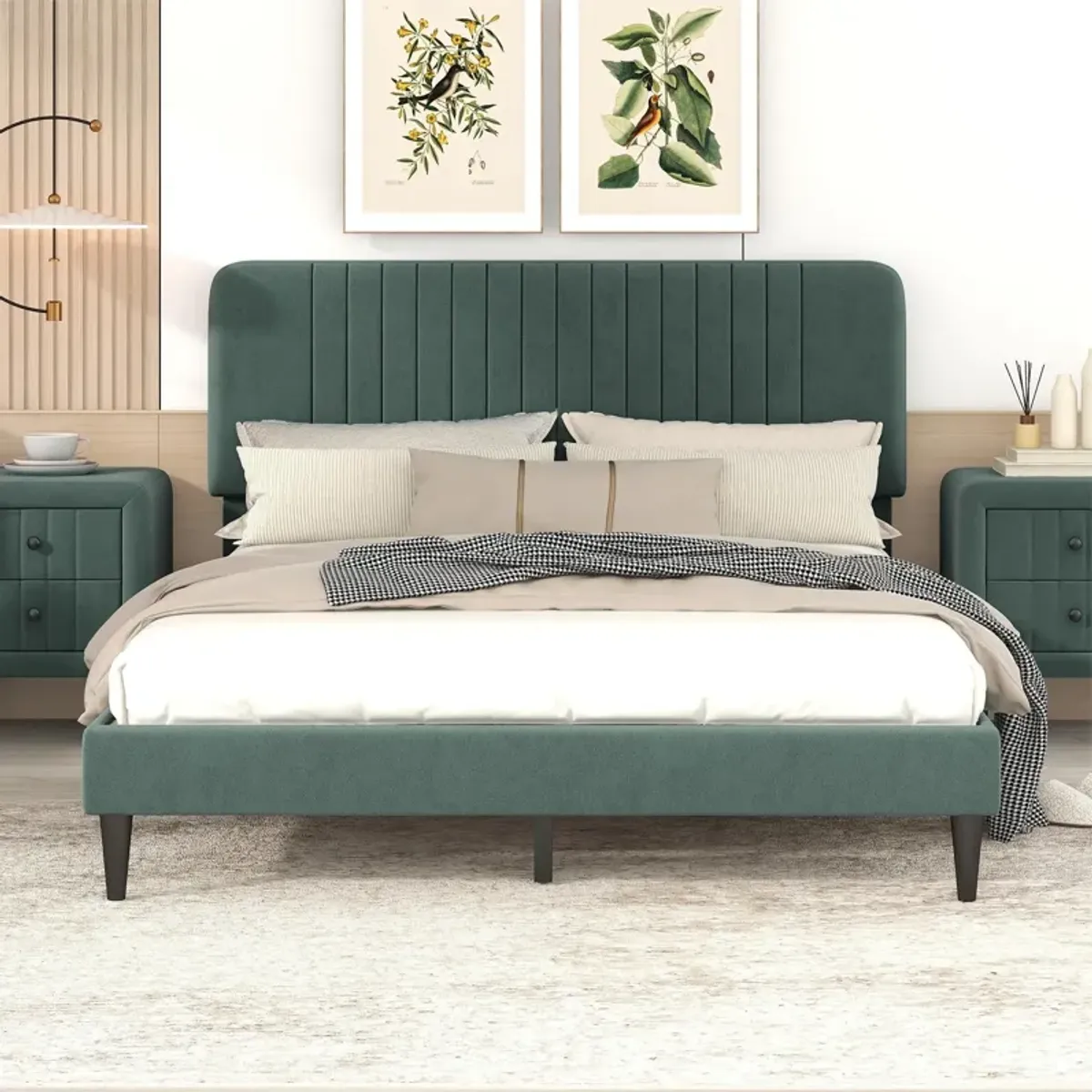 Queen Size Upholstered Platform Bed, No Box Spring Needed, Velvet Fabric