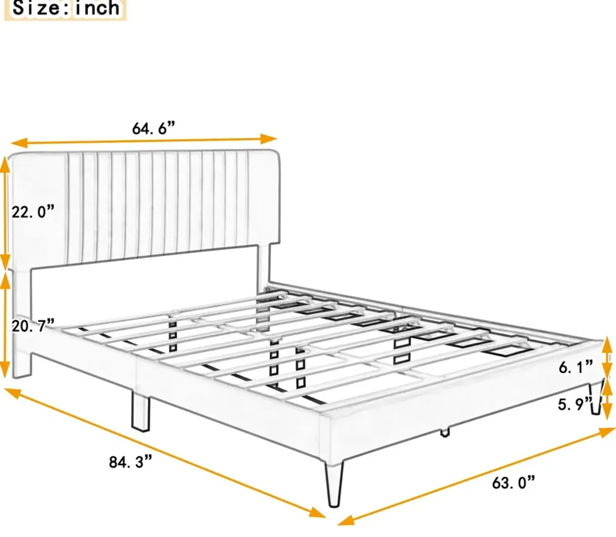 Queen Size Upholstered Platform Bed, No Box Spring Needed, Velvet Fabric