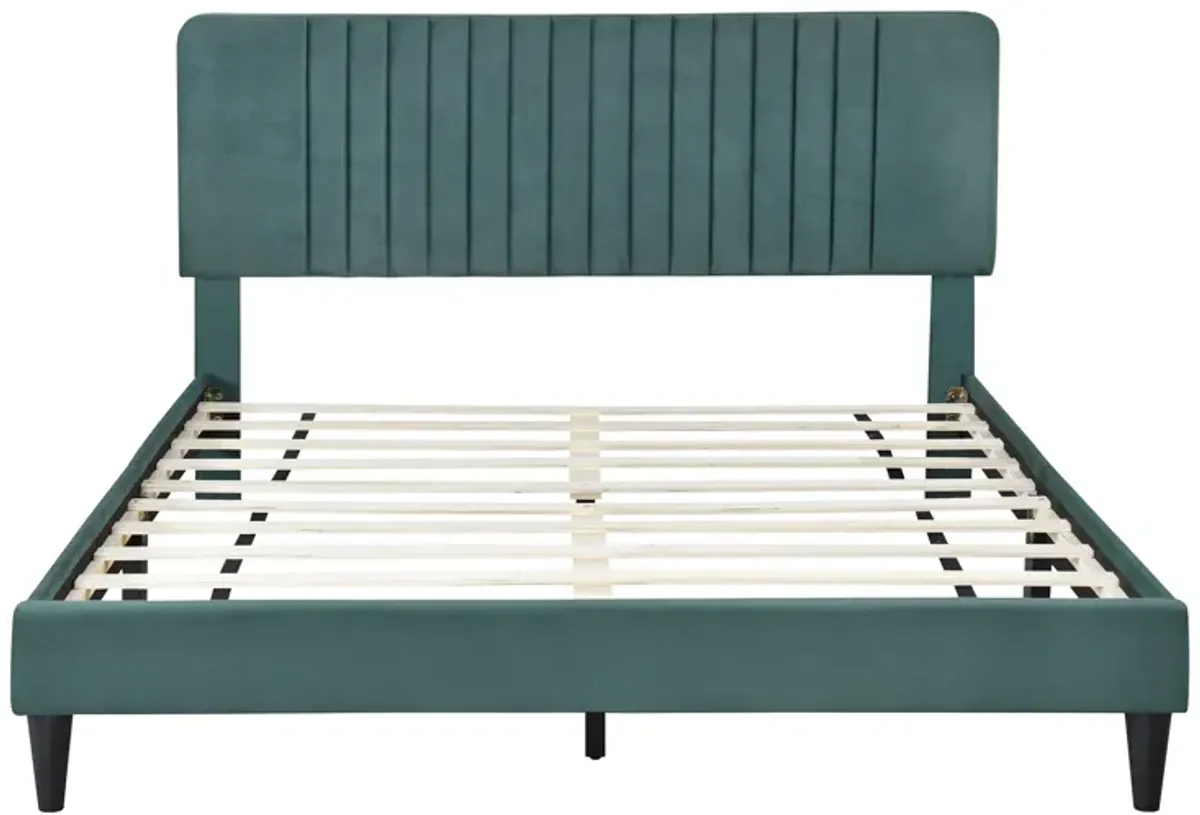 Queen Size Upholstered Platform Bed, No Box Spring Needed, Velvet Fabric