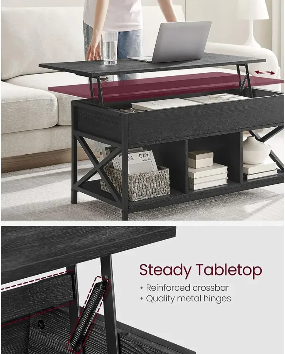 Modern Lift Top Coffee Table - Hidden & Open Compartments with X-Shaped Steel Frame