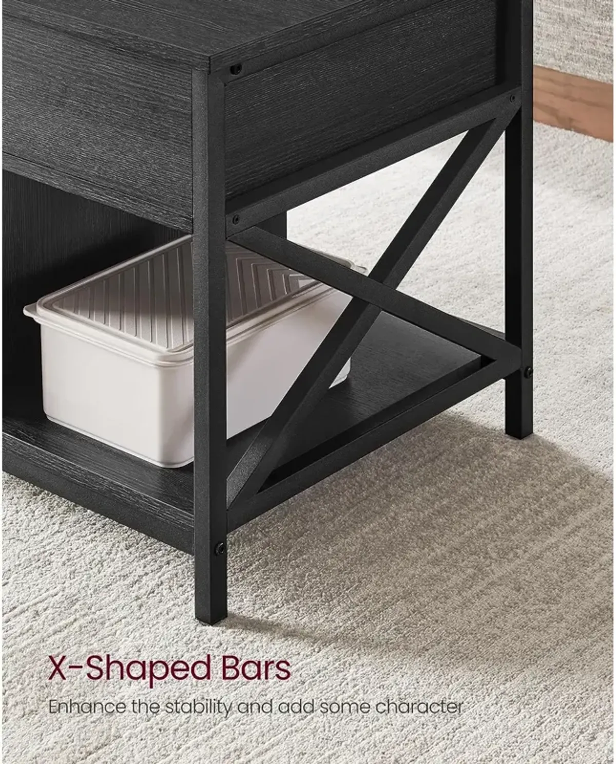 Modern Lift Top Coffee Table - Hidden & Open Compartments with X-Shaped Steel Frame