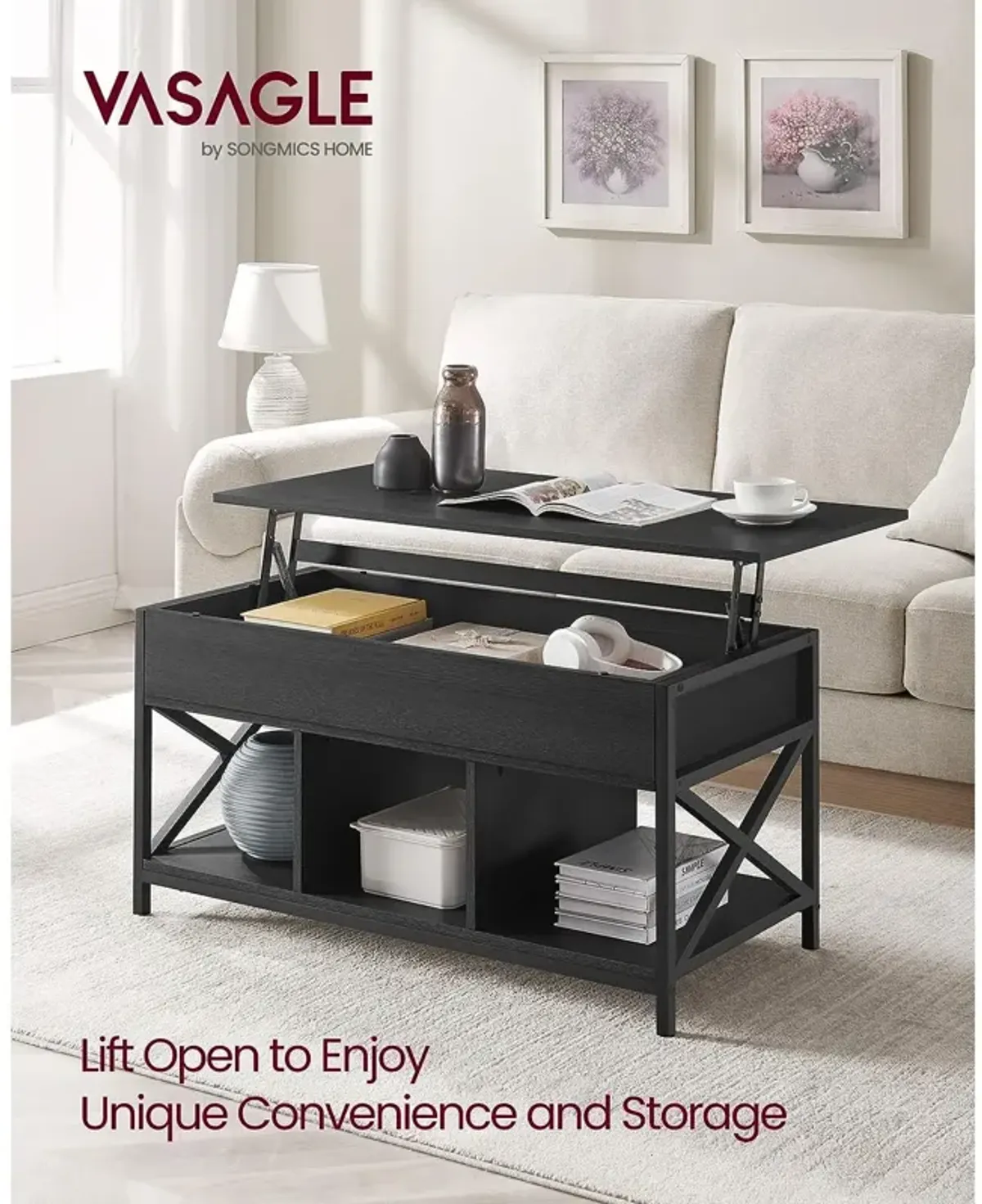 Modern Lift Top Coffee Table - Hidden & Open Compartments with X-Shaped Steel Frame