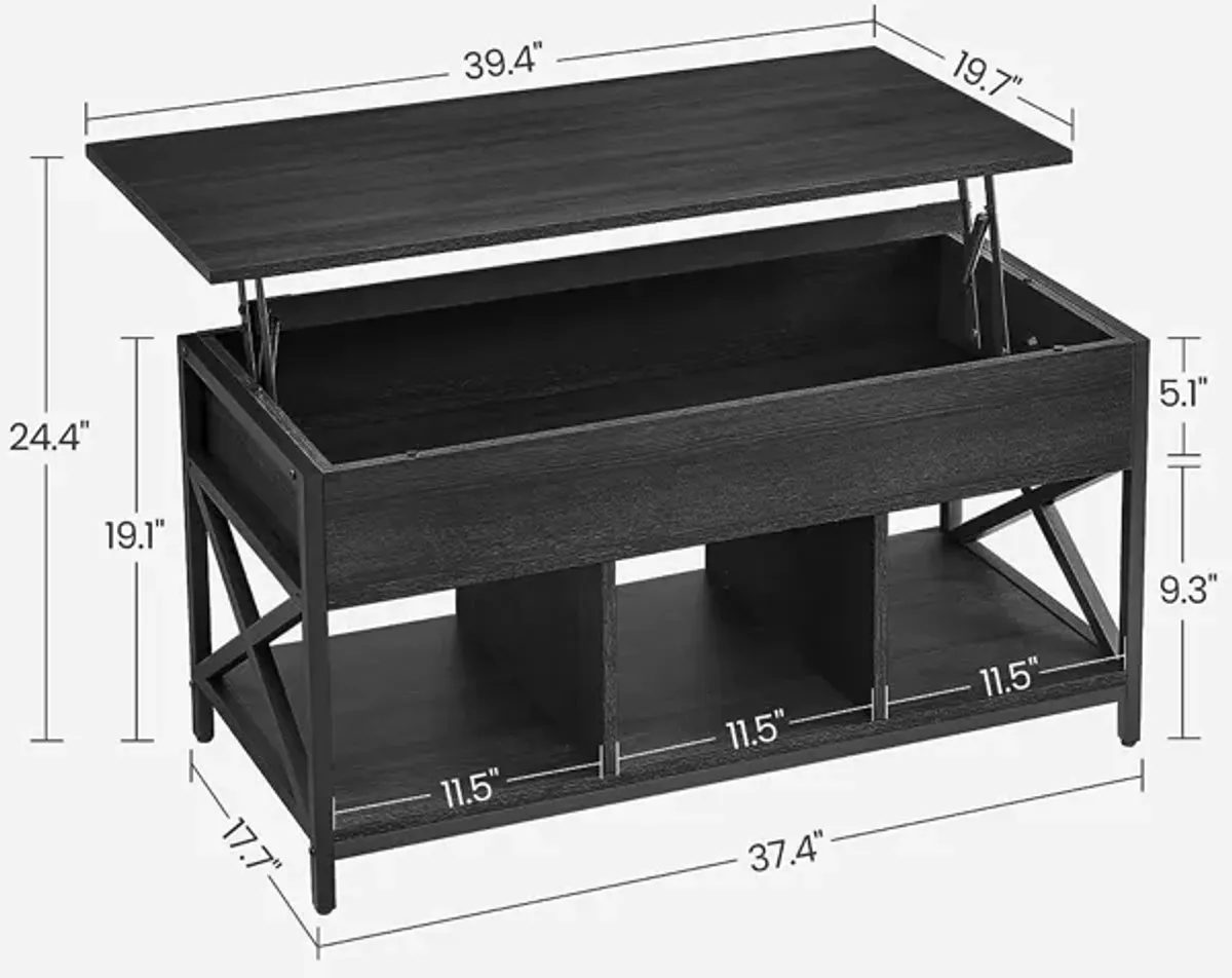 Modern Lift Top Coffee Table - Hidden & Open Compartments with X-Shaped Steel Frame