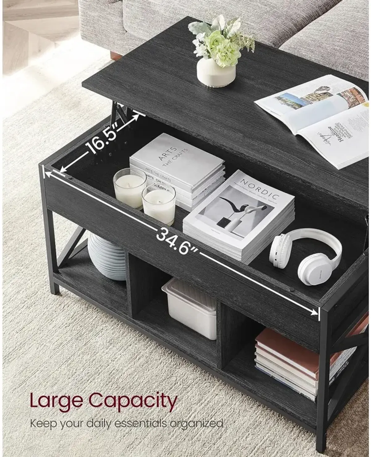 Modern Lift Top Coffee Table - Hidden & Open Compartments with X-Shaped Steel Frame