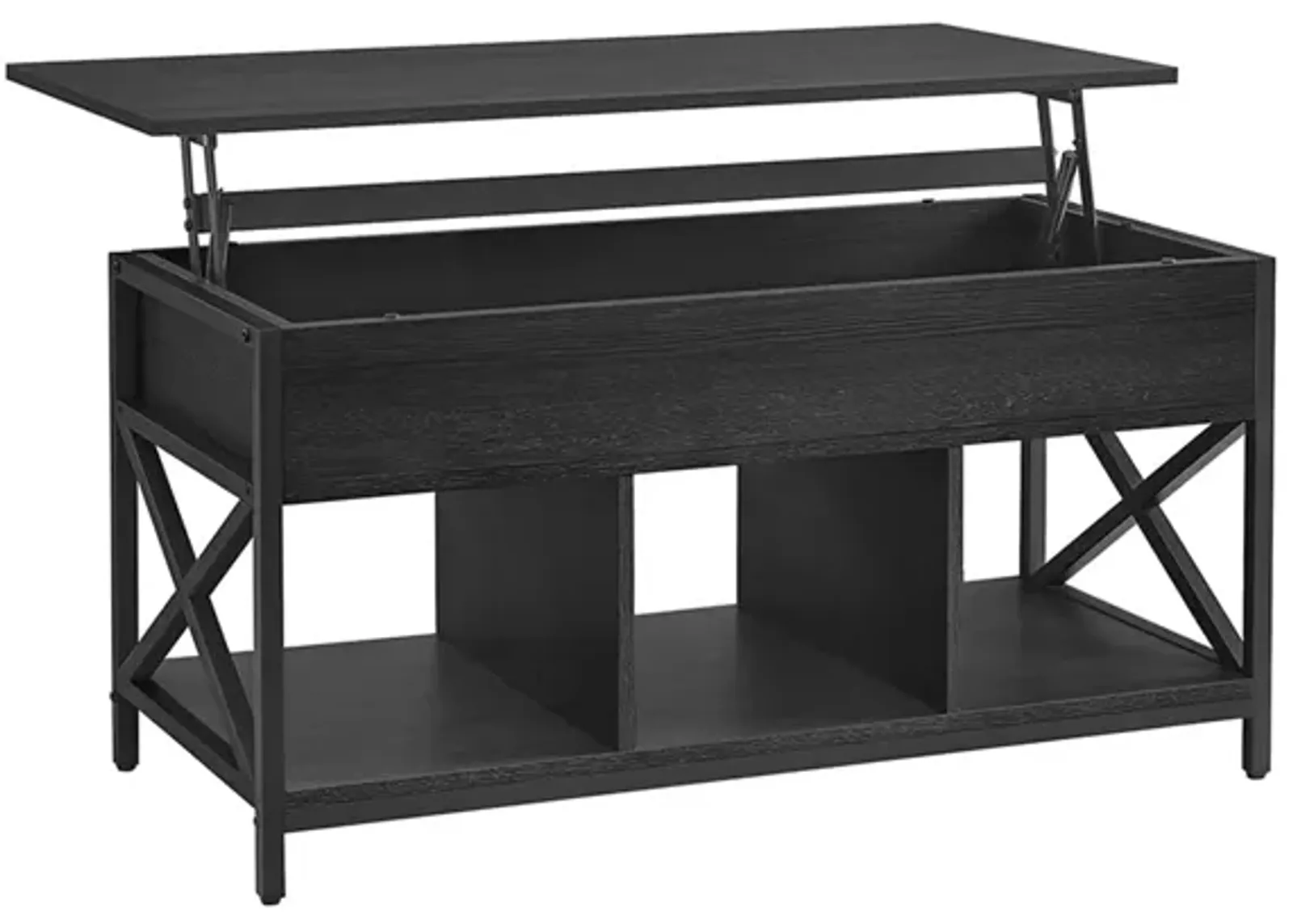 Modern Lift Top Coffee Table - Hidden & Open Compartments with X-Shaped Steel Frame