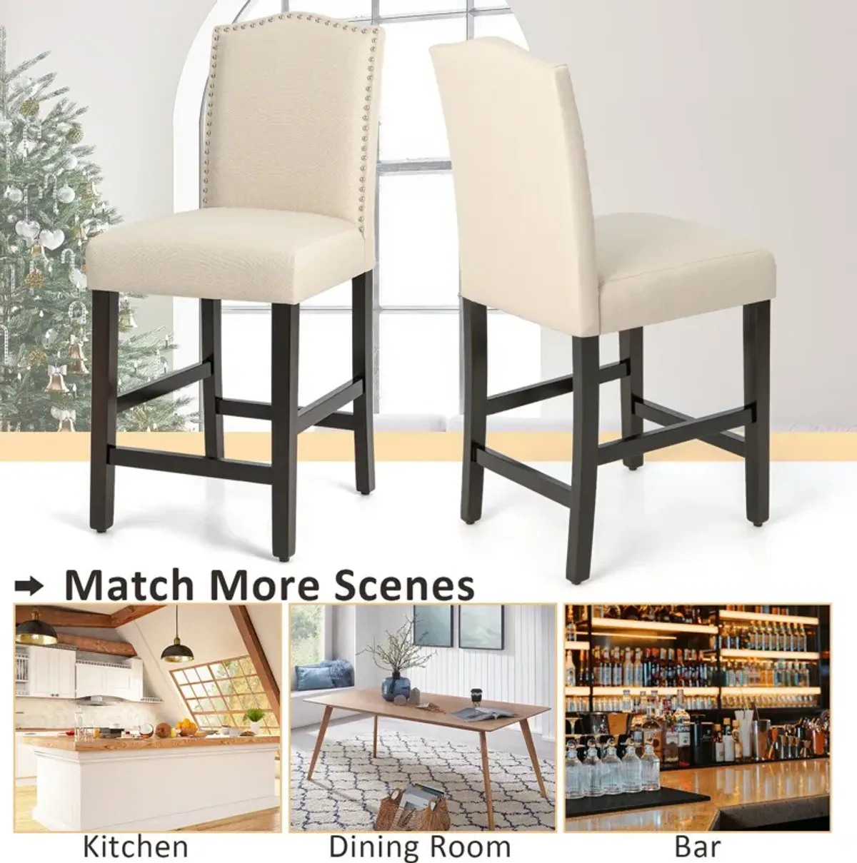 2 Pcs Fabric Nail Head Counter Height Dining Side Chairs Set