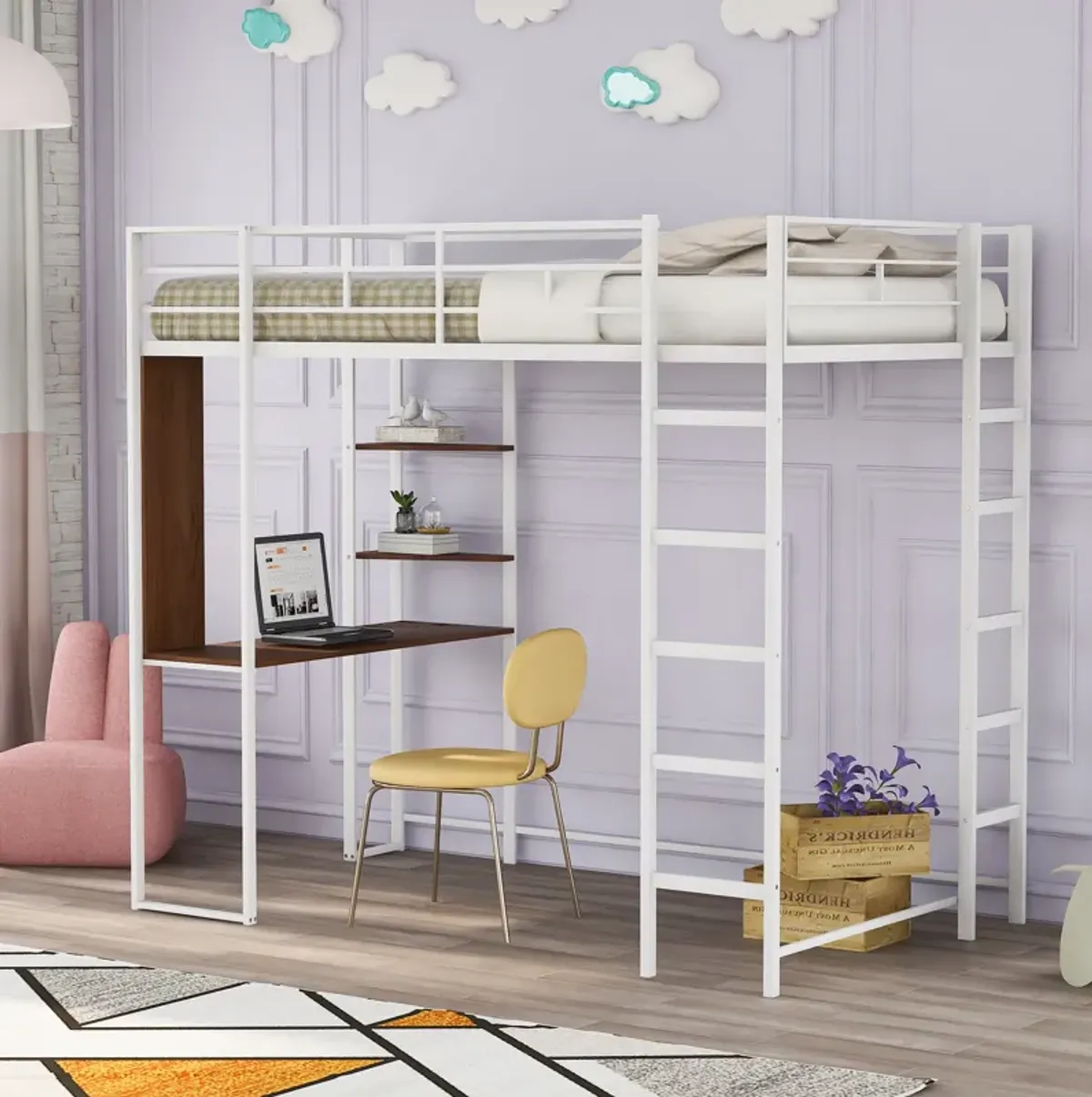 Merax Loft Bed Frame with 2 Built-in Ladders