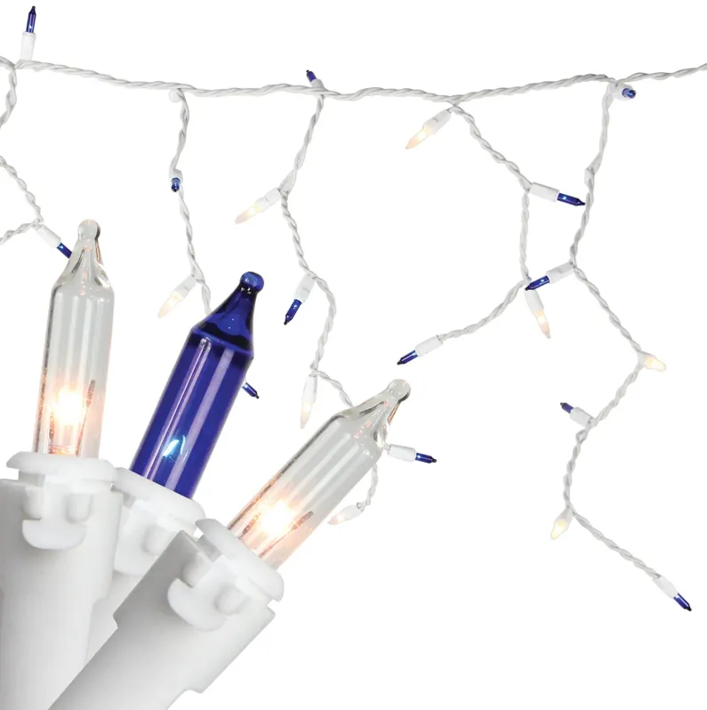 50 Blue and Clear Mini Window Curtain Icicle Christmas Lights - 2.6 ft White Wire