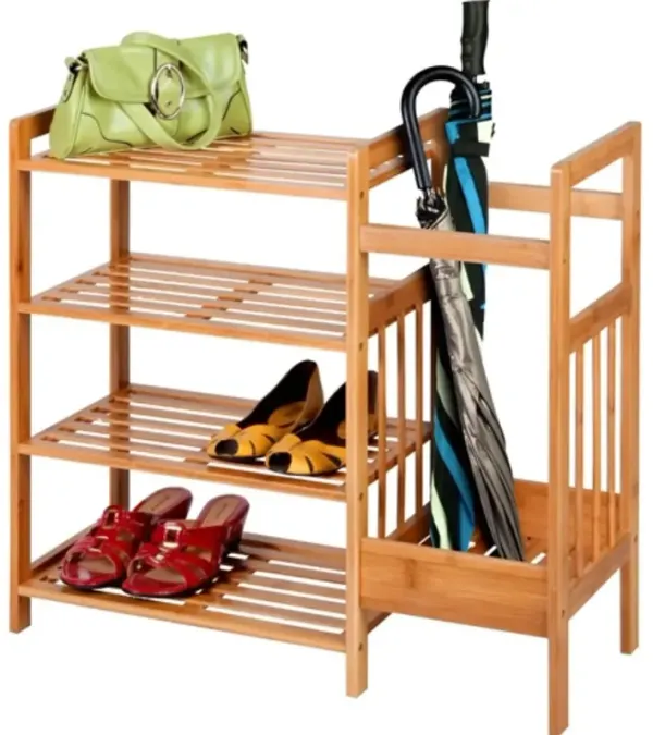 Hivvago 2 Shelf Entryway Shoe Rack Bench with Bla2 in 1 Entryway 4 Shelf Bamboo Shoe Rack and Umbrella Holderck Metal Frame and Brown Wood Top