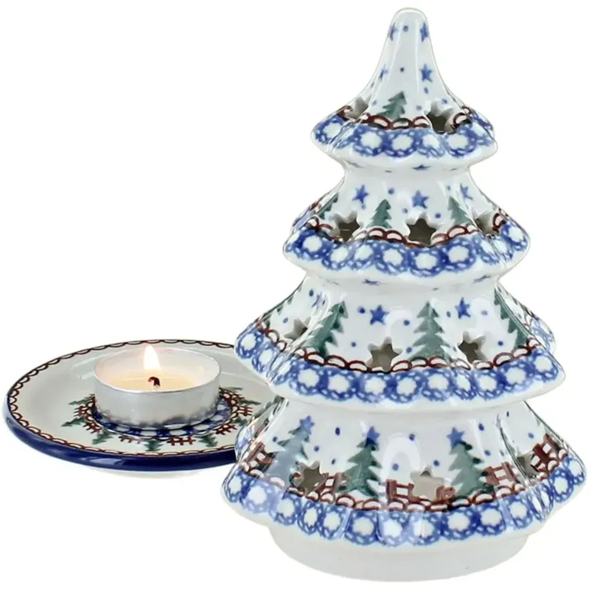 Blue Rose Polish Pottery Holiday Flower Small Christmas Tree Luminary