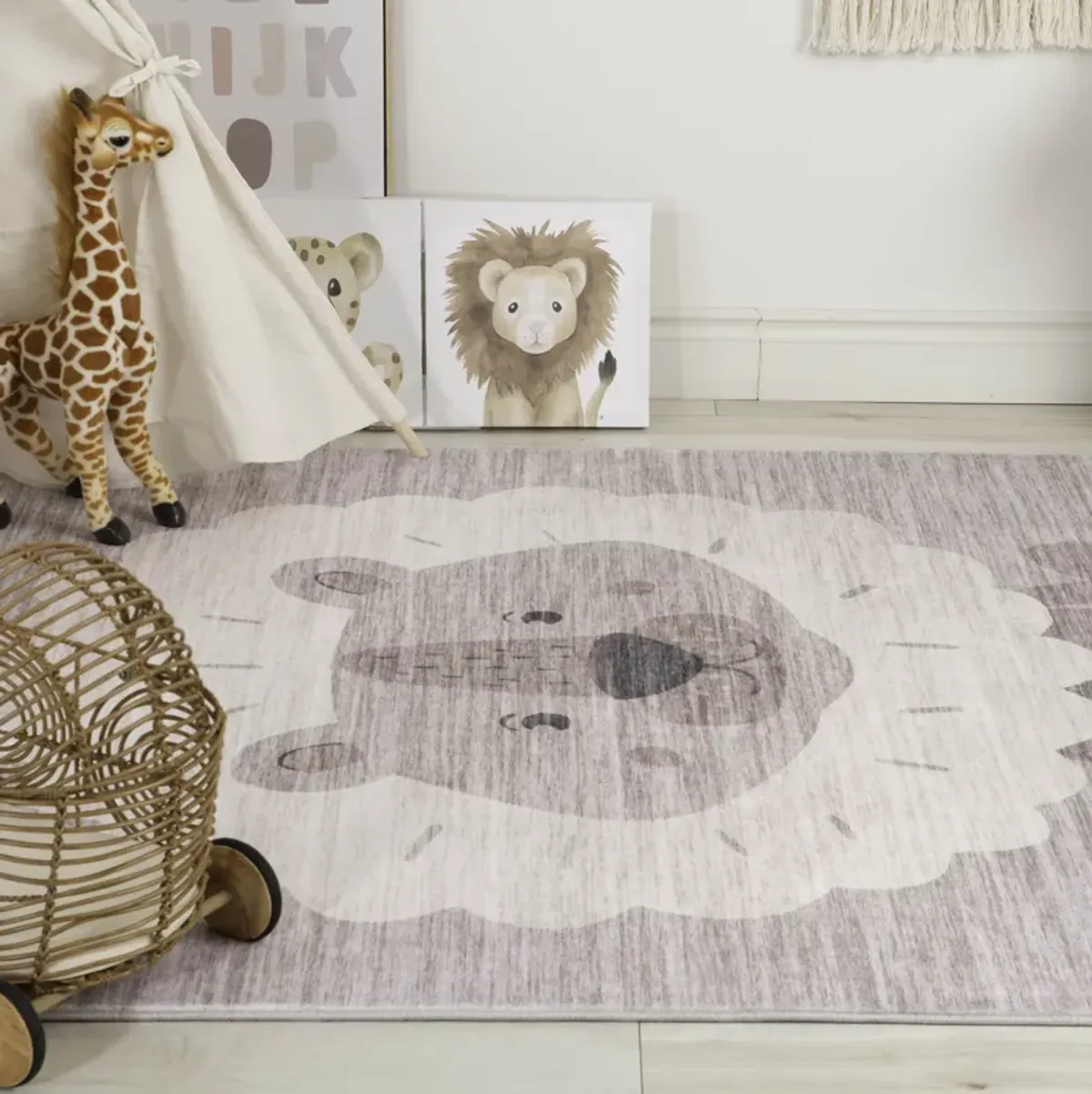 Soft Steps Playtime Lion Beige Grey Indoor Soft Area Rug