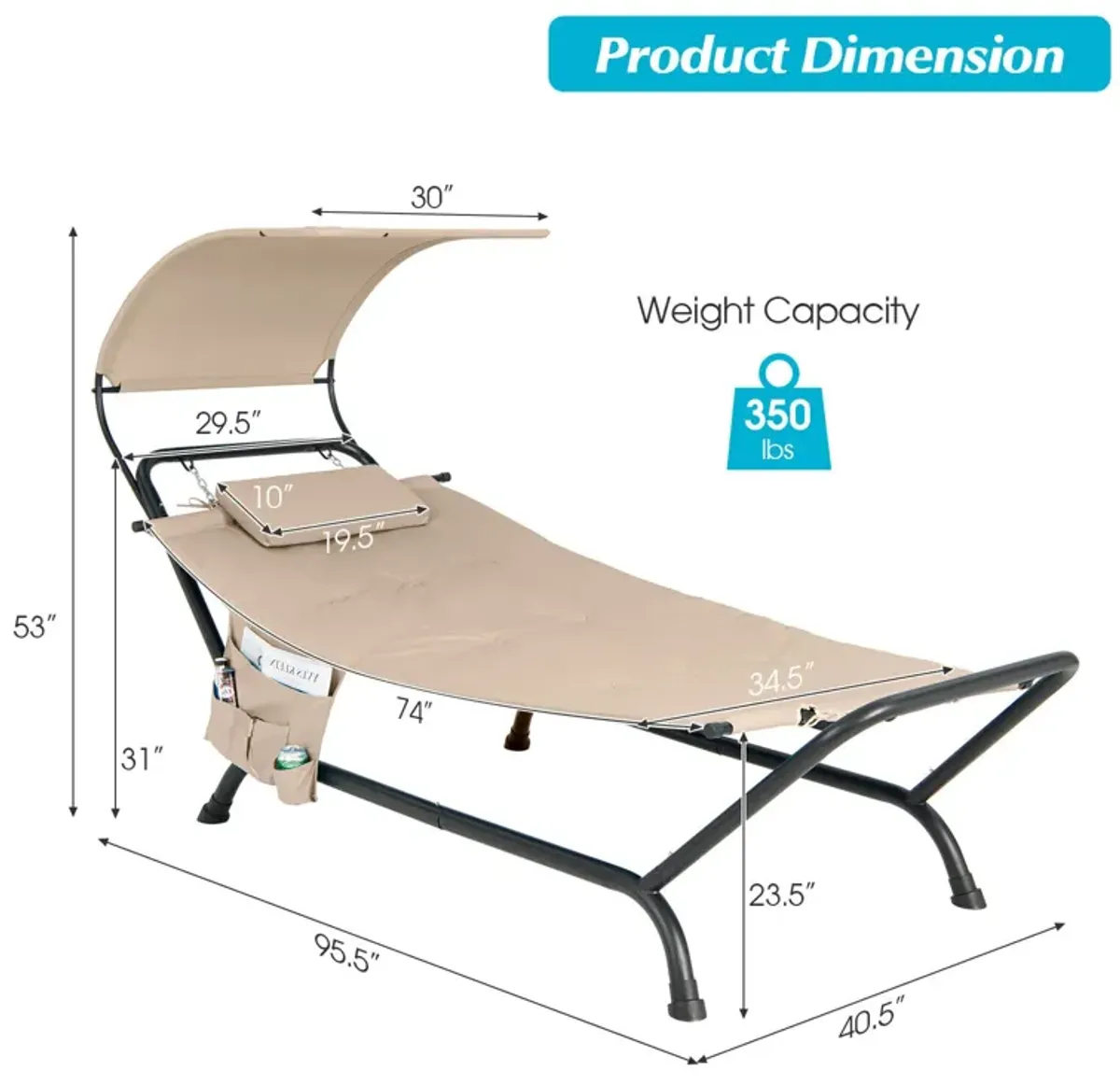 Patio Hanging Chaise Lounge Chair with Canopy Cushion Pillow and Storage Bag