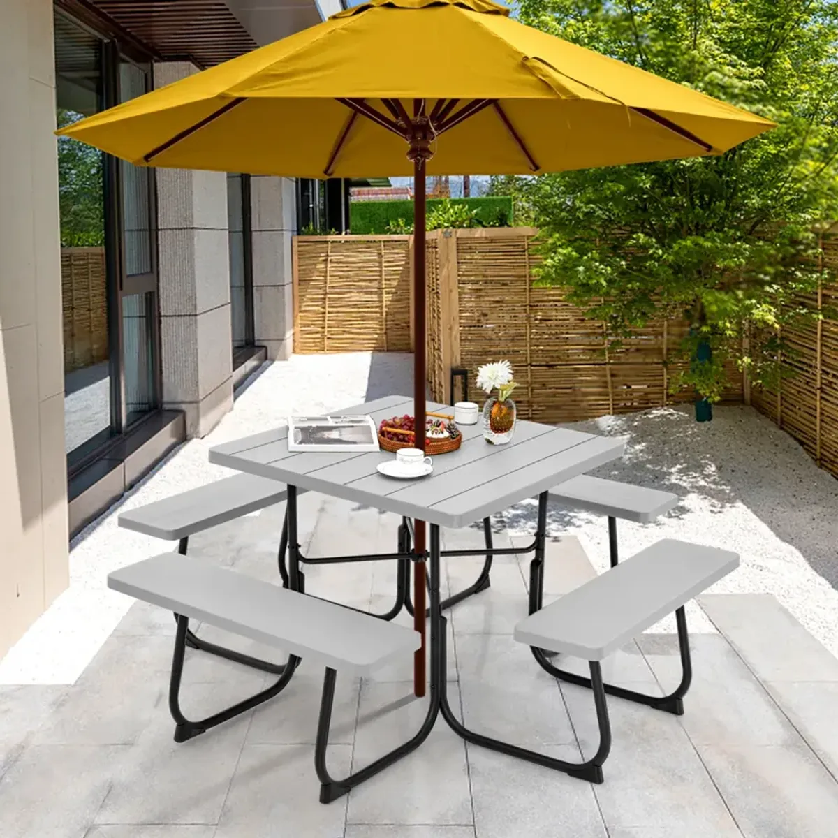 Outdoor Picnic Table with 4 Benches and Umbrella Hole