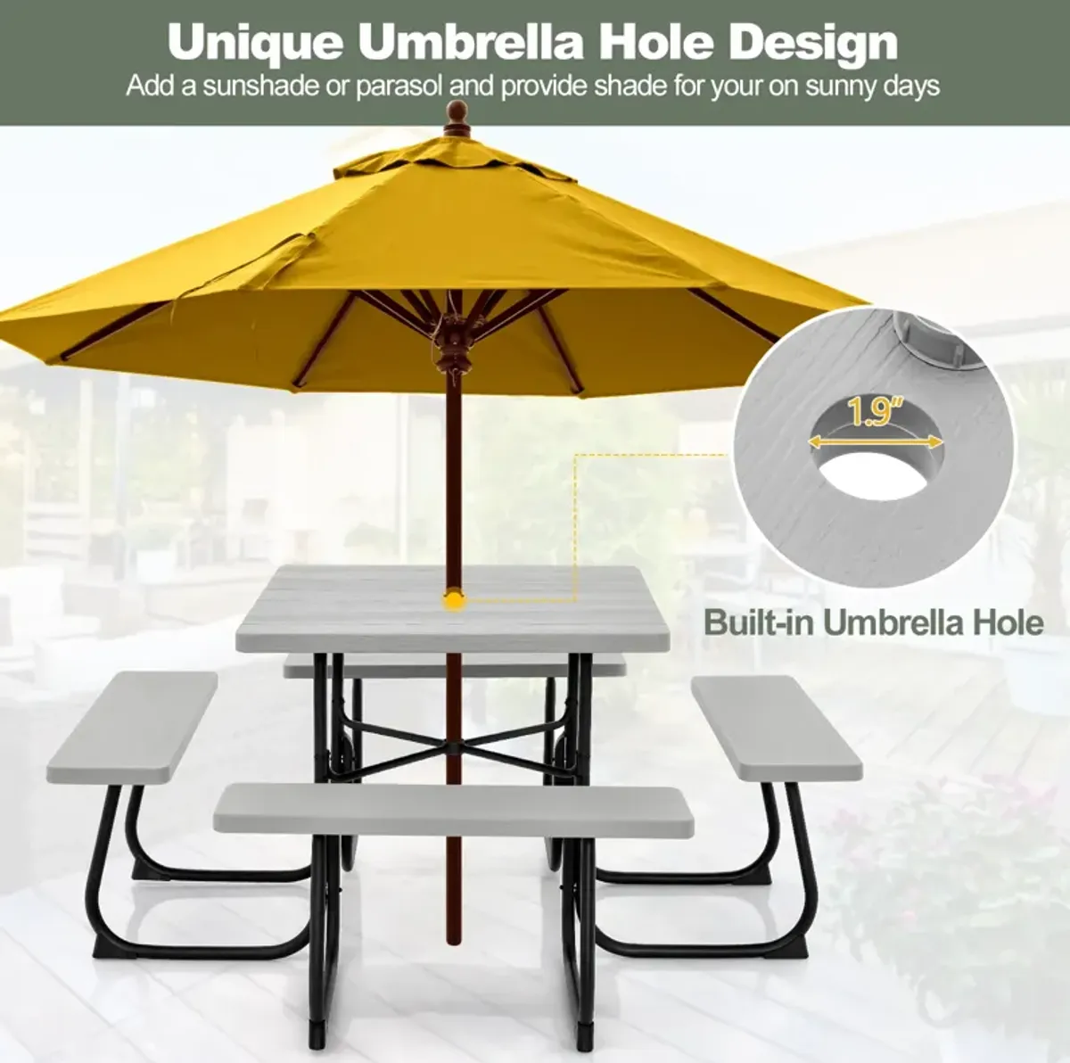 Outdoor Picnic Table with 4 Benches and Umbrella Hole