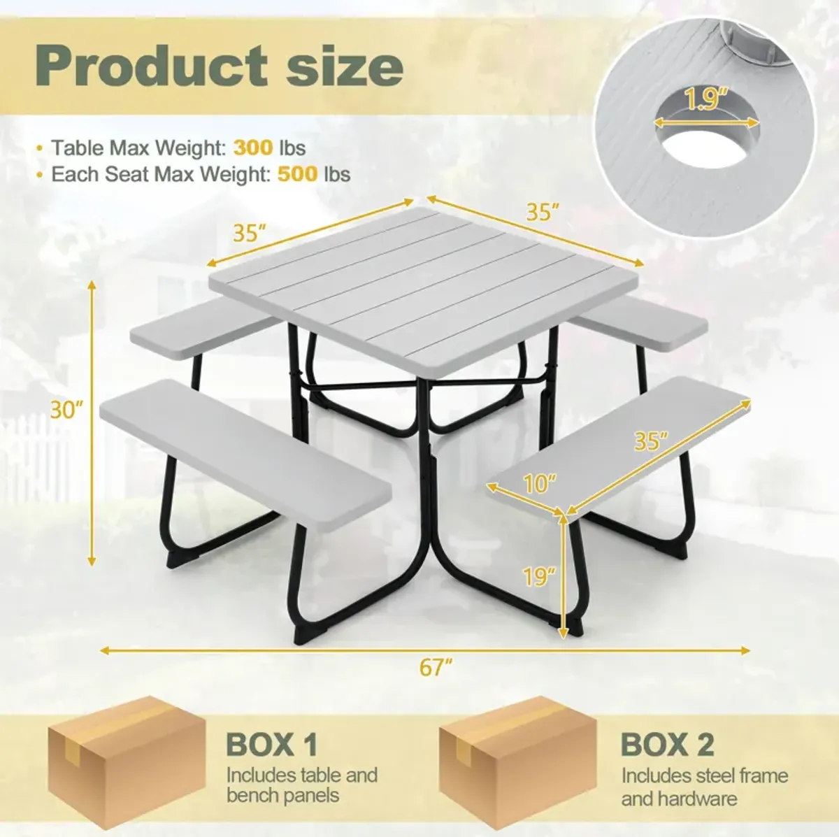 Outdoor Picnic Table with 4 Benches and Umbrella Hole