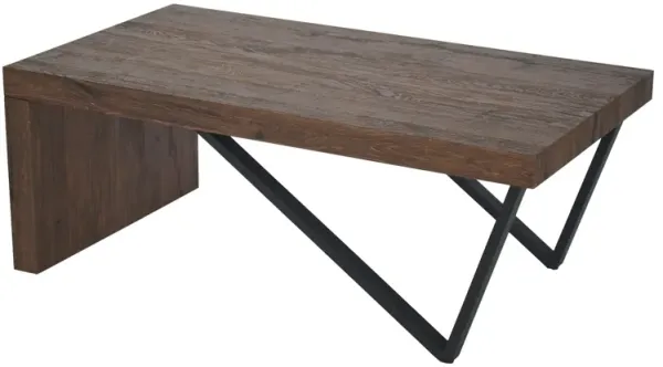 Rectangular Wooden Coffee Table with V Shape Legs, Natural Brown Sonoma and Black-Benzara