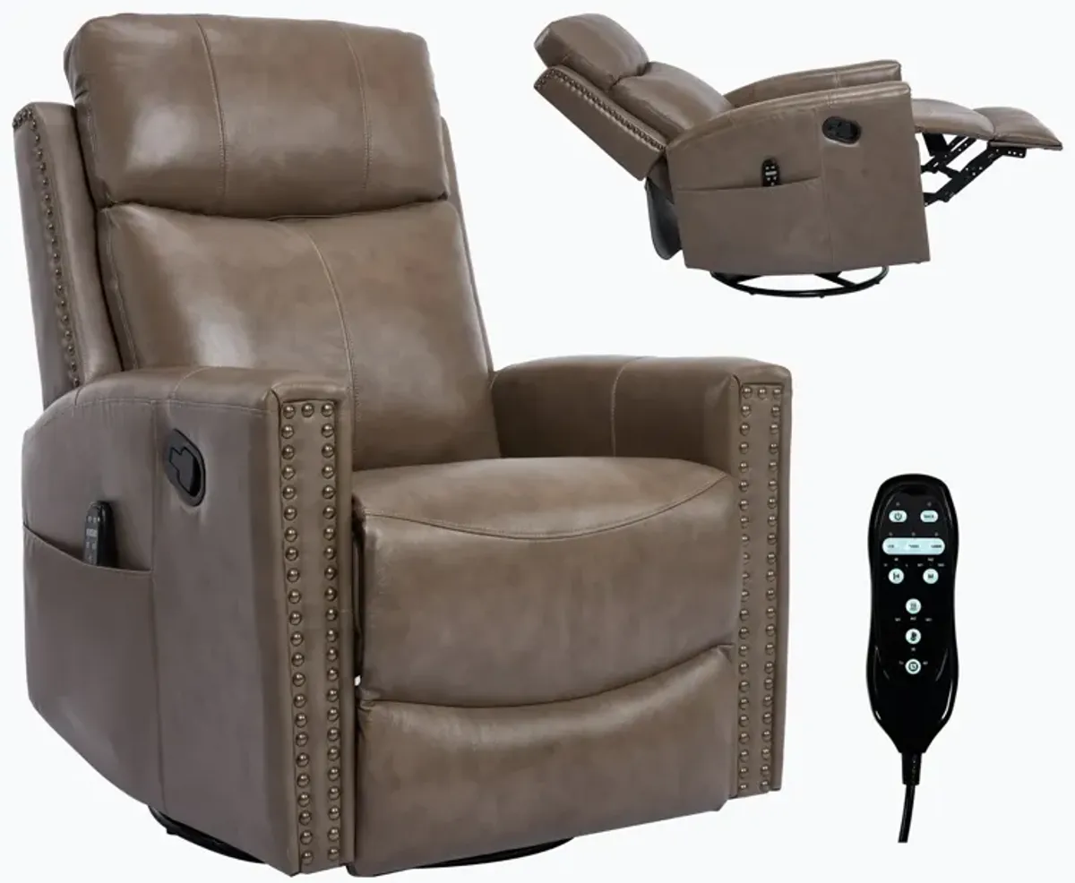 Camel Brown Genuine Leather Heat Massage Manual Recliner Chair with Rocker and Swivel for Living Room