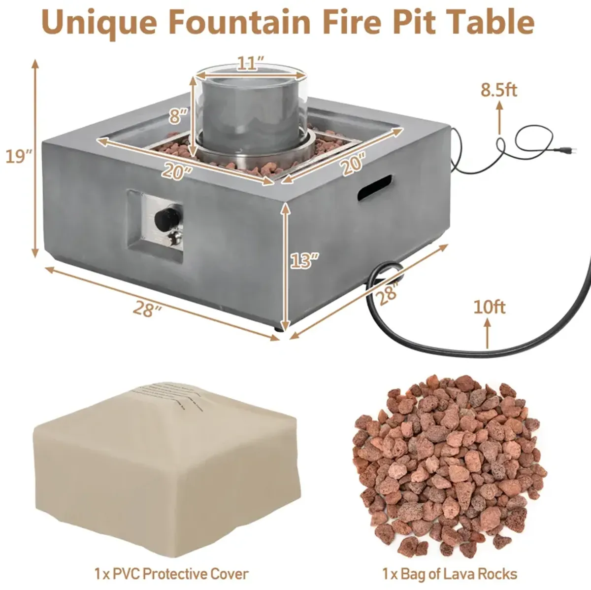 28 Inch 50000 BTU Patio Square Propane Fire Pit with PVC Cover-Gray