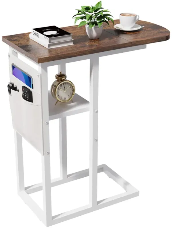 eiskah C Table End Table with Side Pocket, Couch C Shaped Side Table for Living Room, Bedroom, Tall Side Table with Storage Bag