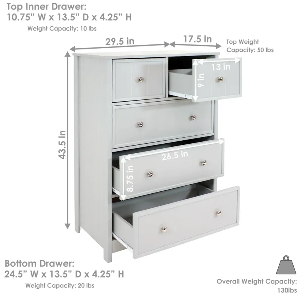 Sunnydaze Beadboard Vertical Dresser with 5 Drawers - Gray - 43.5 in