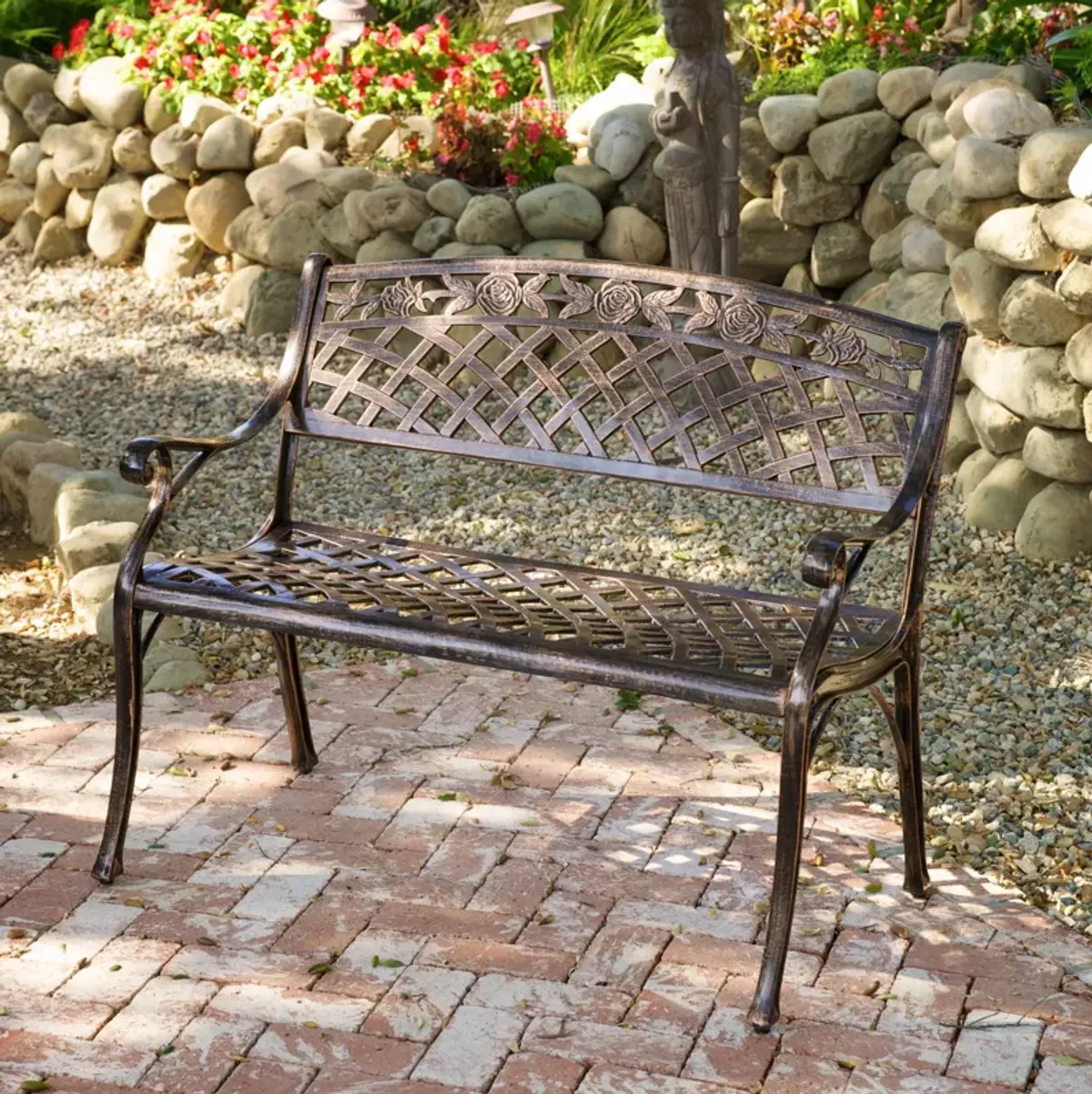 Ornate Cast Aluminum Outdoor Bench with Antique Copper Finish