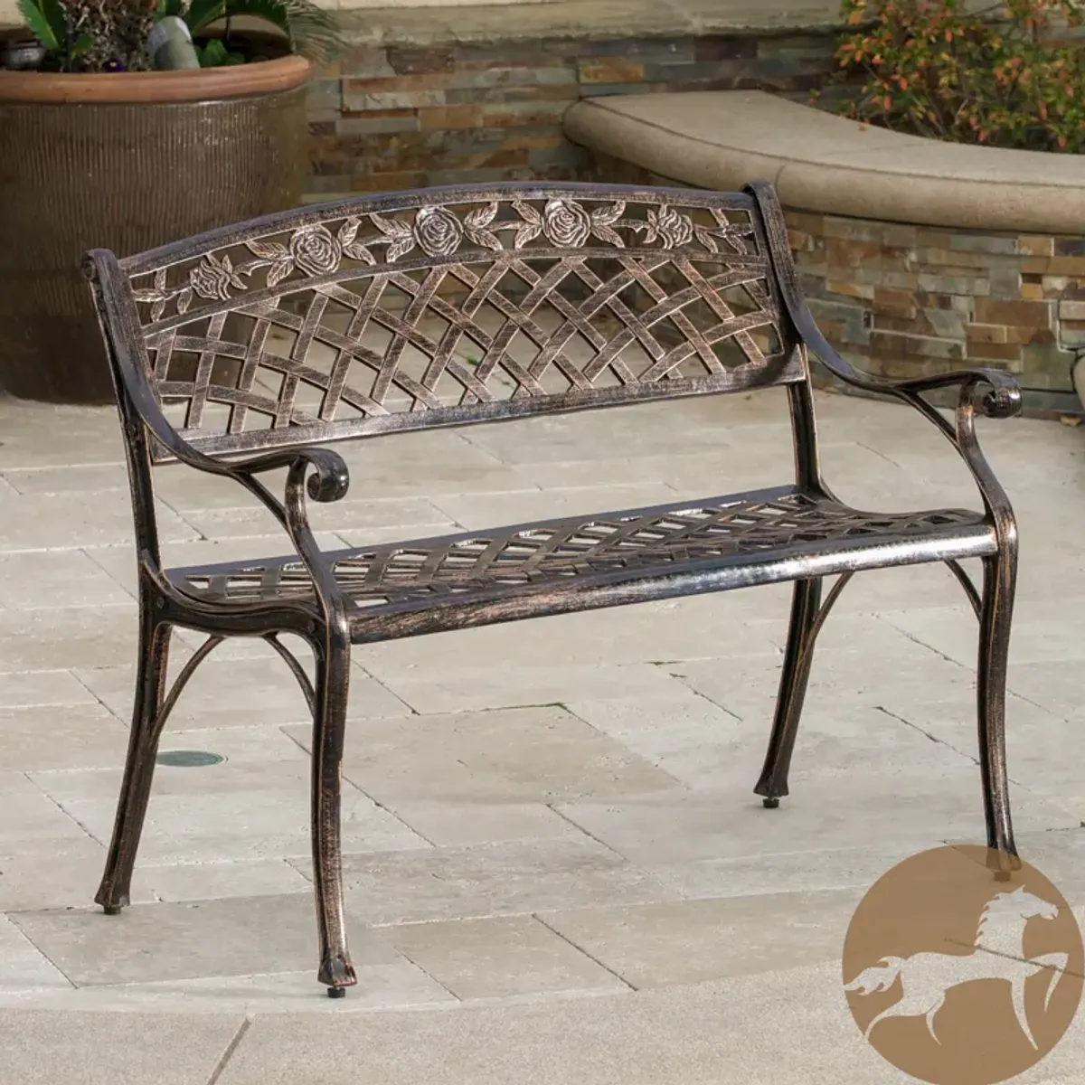 Ornate Cast Aluminum Outdoor Bench with Antique Copper Finish