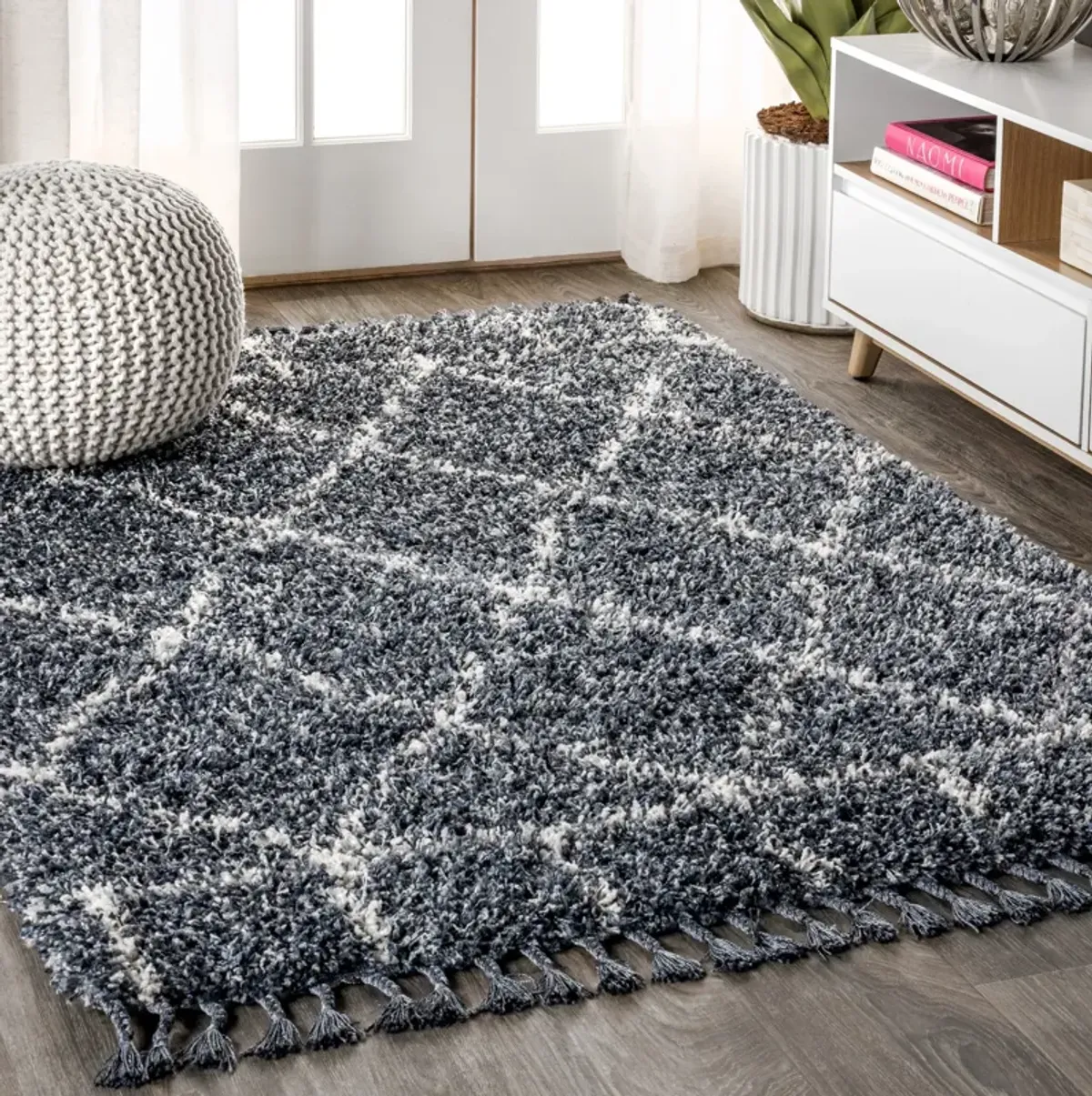 Mercer Shag Plush Tassel Moroccan Geometric Trellis Area Rug