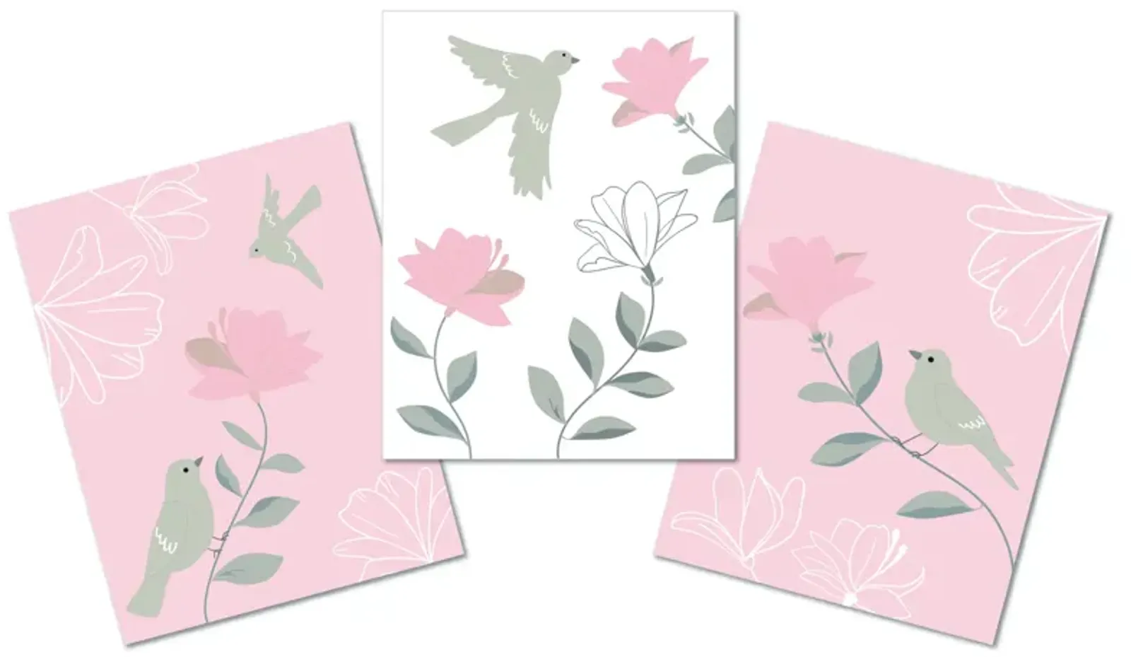 Lambs & Ivy Petals Pink/Gray/White Floral/Birds 11 by 14 Unframed Wall Art 3pc