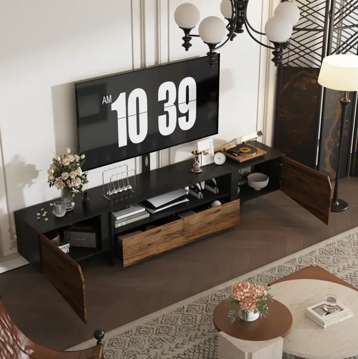 FUFU&GAGA Modern Black and Wood Grain TV Stand with Mount, 94.5” Wide Entertainment Center,( 94.5" W x 15.7" D x 19.7" H),Brown