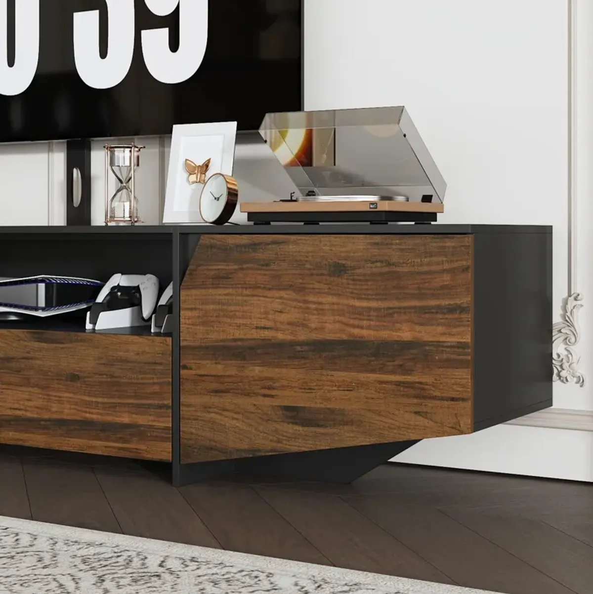 FUFU&GAGA Modern Black and Wood Grain TV Stand with Mount, 94.5” Wide Entertainment Center,( 94.5" W x 15.7" D x 19.7" H),Brown