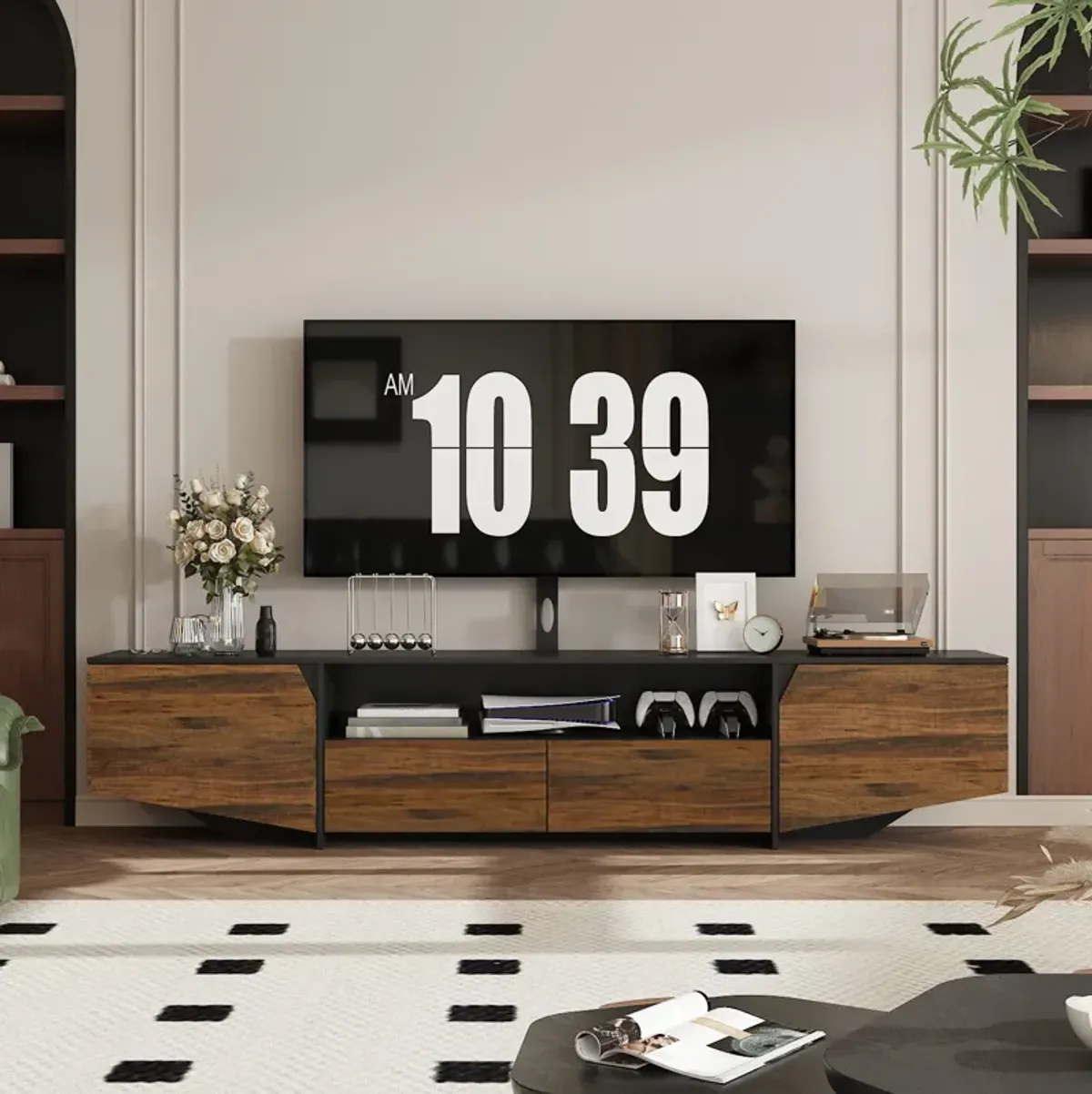 FUFU&GAGA Modern Black and Wood Grain TV Stand with Mount, 94.5” Wide Entertainment Center,( 94.5" W x 15.7" D x 19.7" H),Brown