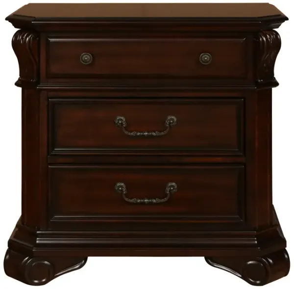 Fay 3 Drawer Wooden Nightstand with Molded Details and Metal Pulls, Brown - Benzara