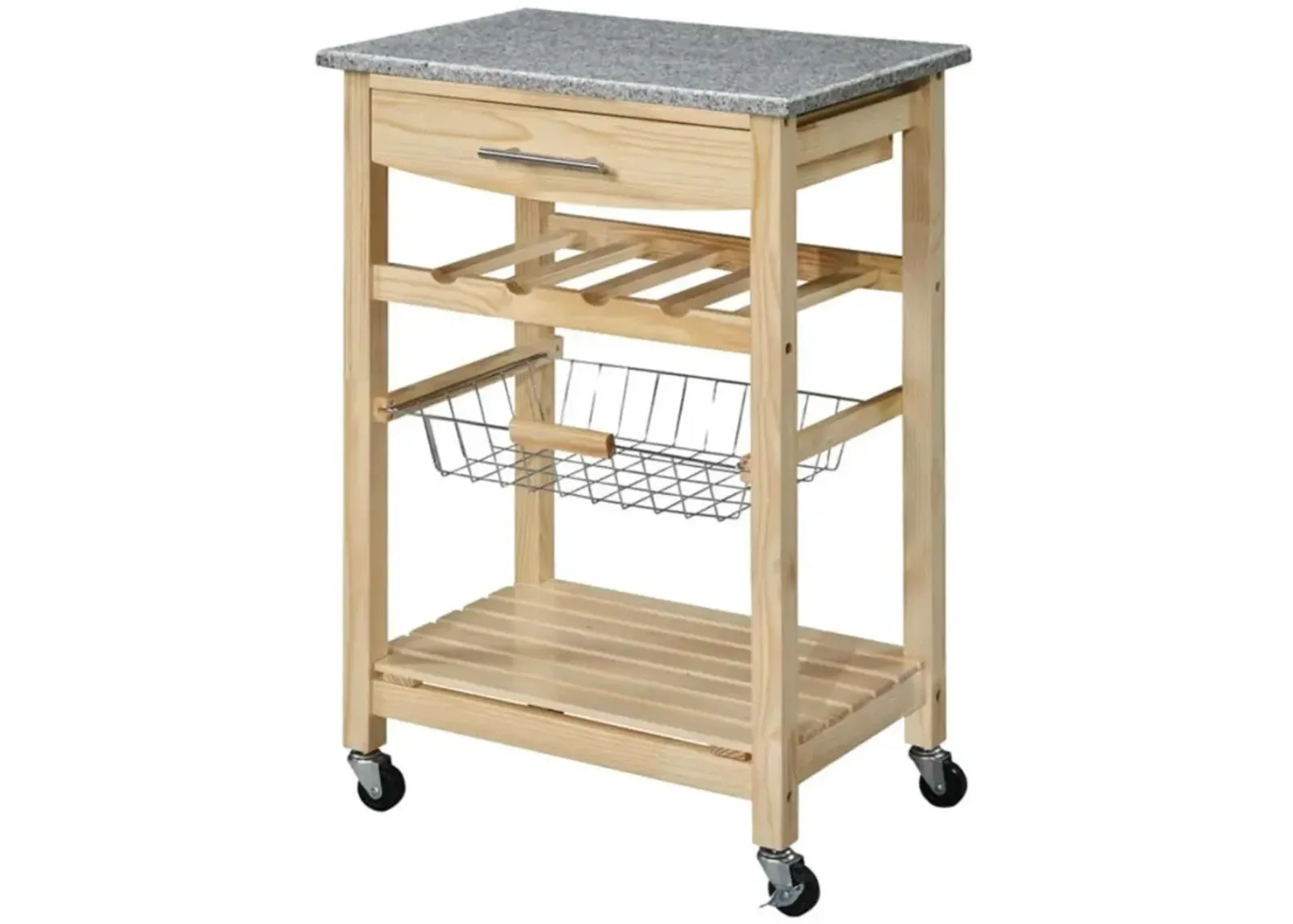 Hivvago Natural Wood Finish Kitchen Island Cart with Granite Top