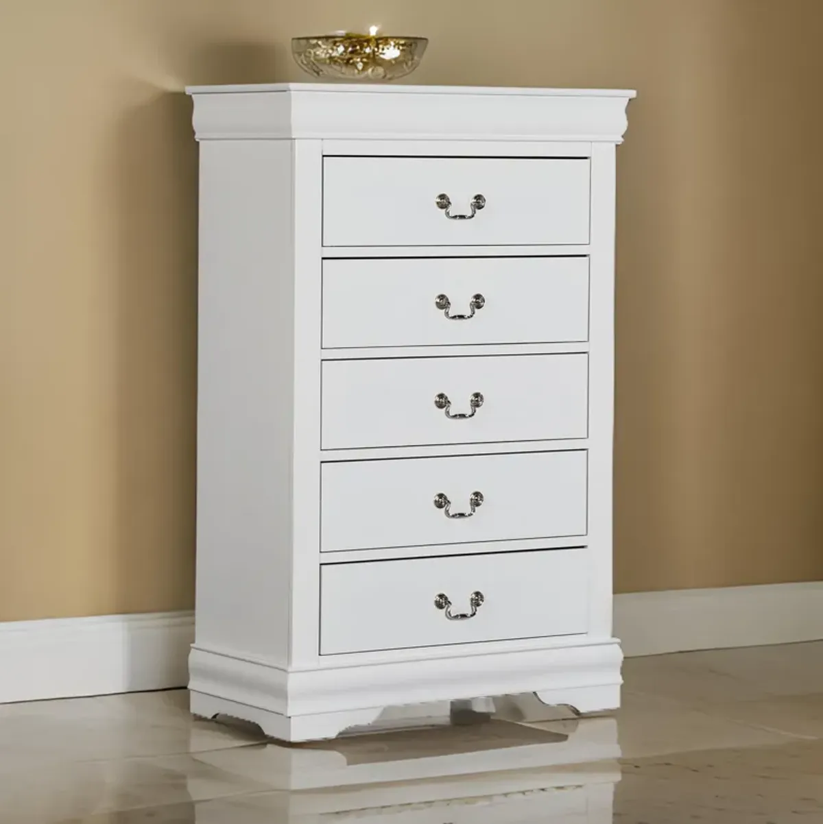 Ryla Tall Dresser Chest, 5 Drawers, Nickel Metal Handles, White Solid Wood