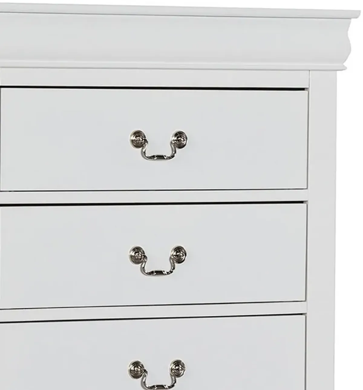 Ryla Tall Dresser Chest, 5 Drawers, Nickel Metal Handles, White Solid Wood