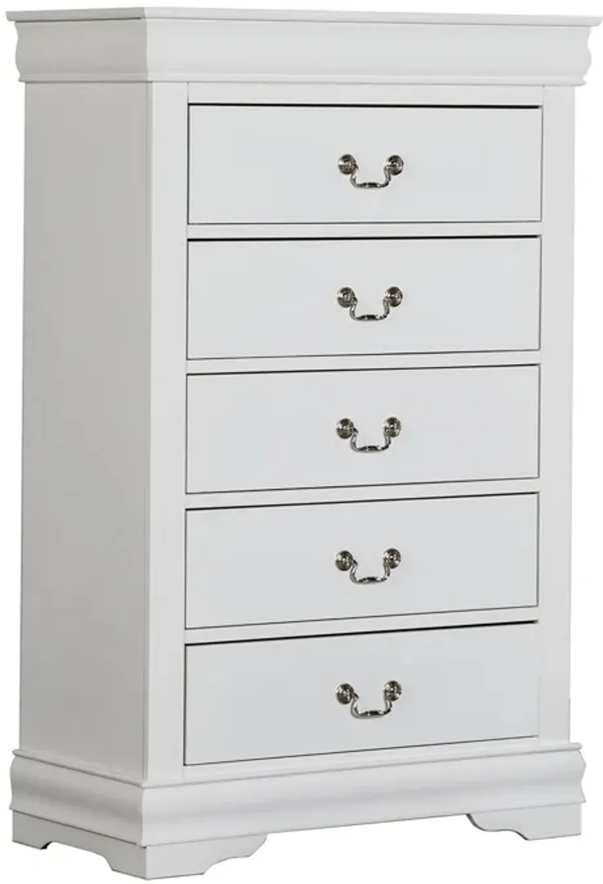 Ryla Tall Dresser Chest, 5 Drawers, Nickel Metal Handles, White Solid Wood